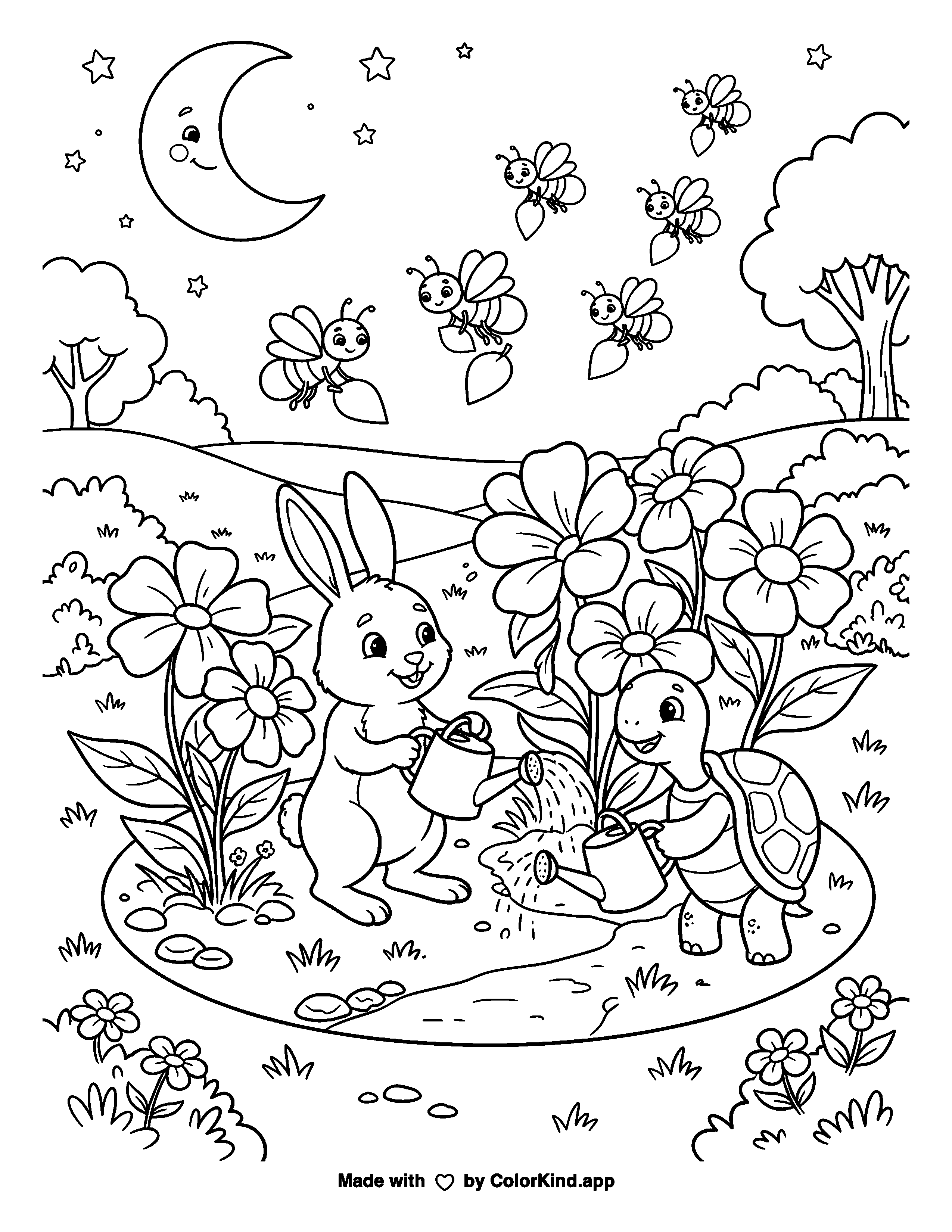 Fireflies and Garden Friends as a free printable coloring page reviewed by ColorKind