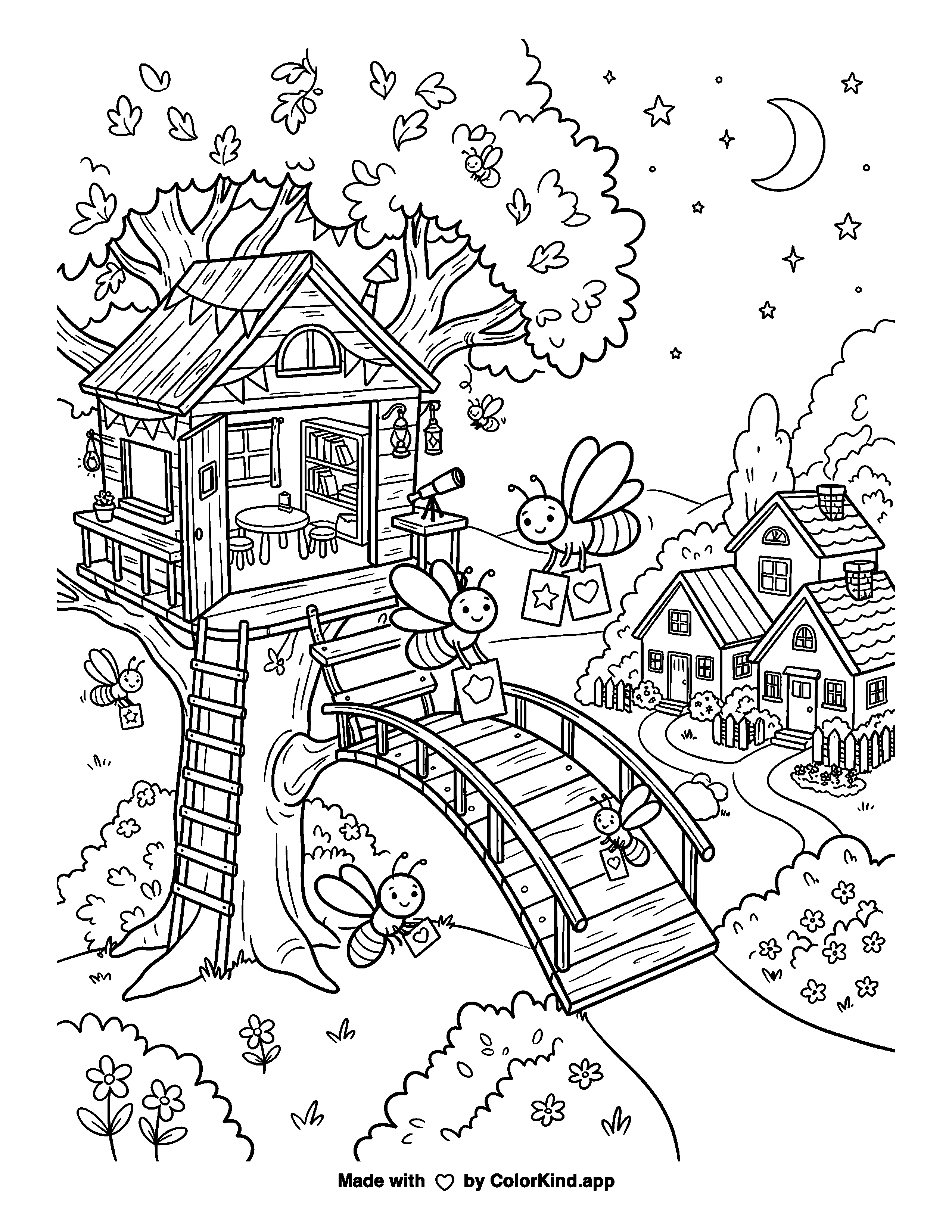 Fireflies Carrying Picture Cards Across a Treehouse Bridge as a free printable coloring page reviewed by ColorKind