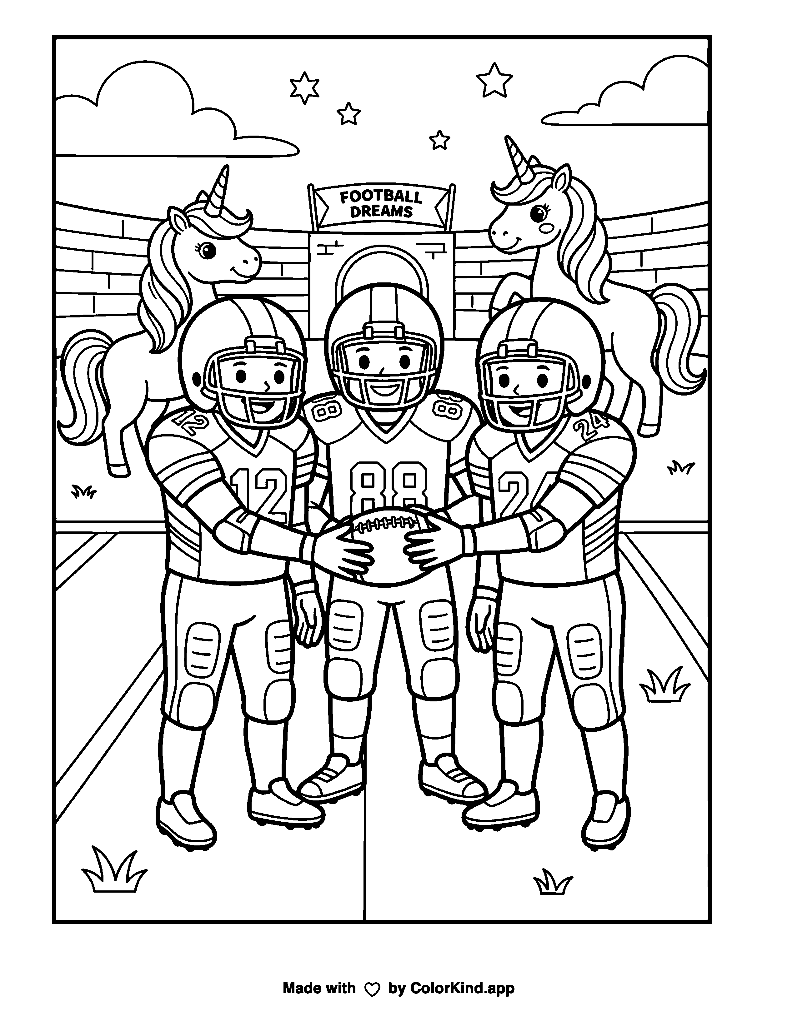 Football Players with Unicorns as a free printable coloring page reviewed by ColorKind
