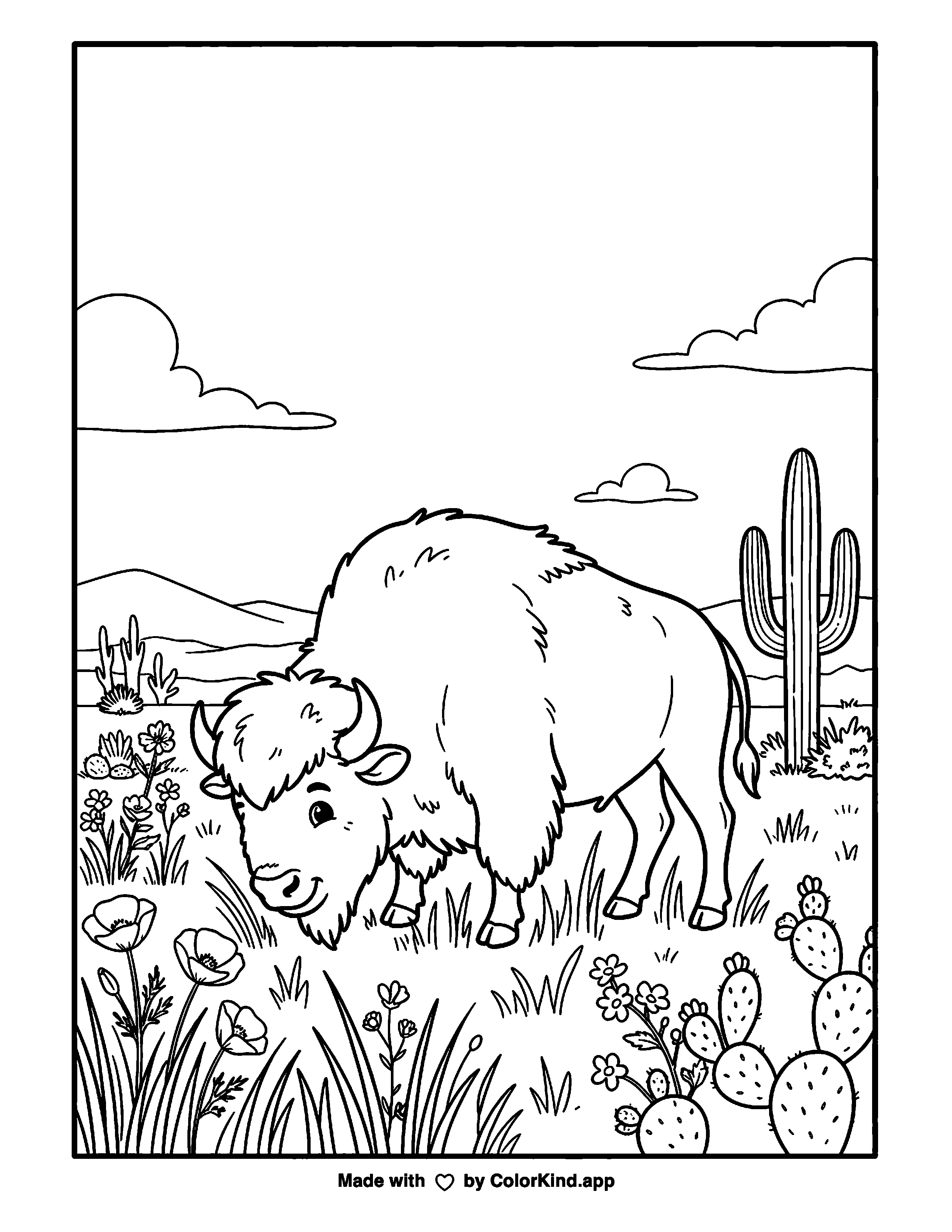 Friendly Bison in a Wildflower Meadow as a free printable coloring page reviewed by ColorKind