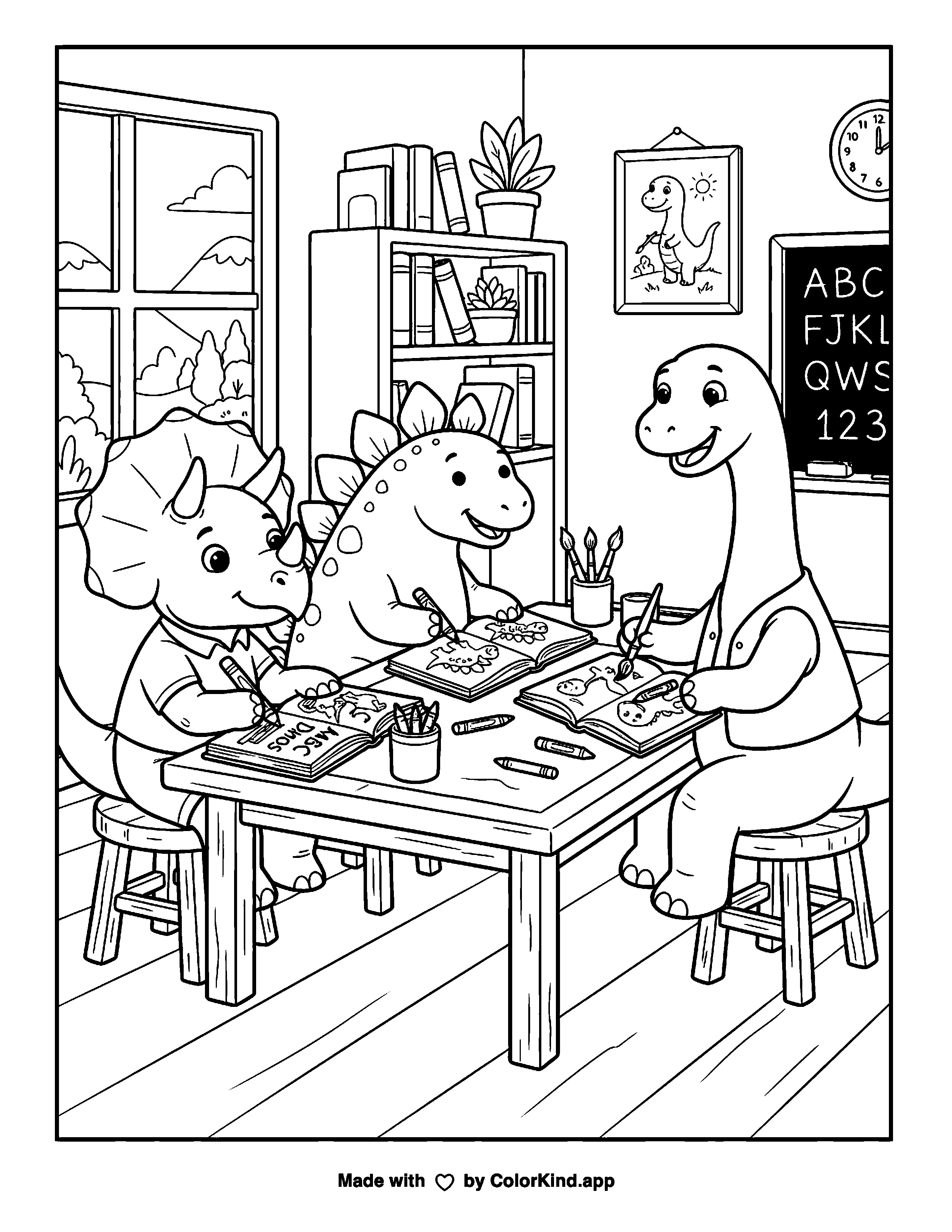 Friendly Dinosaur Classroom as a free printable coloring page reviewed by ColorKind