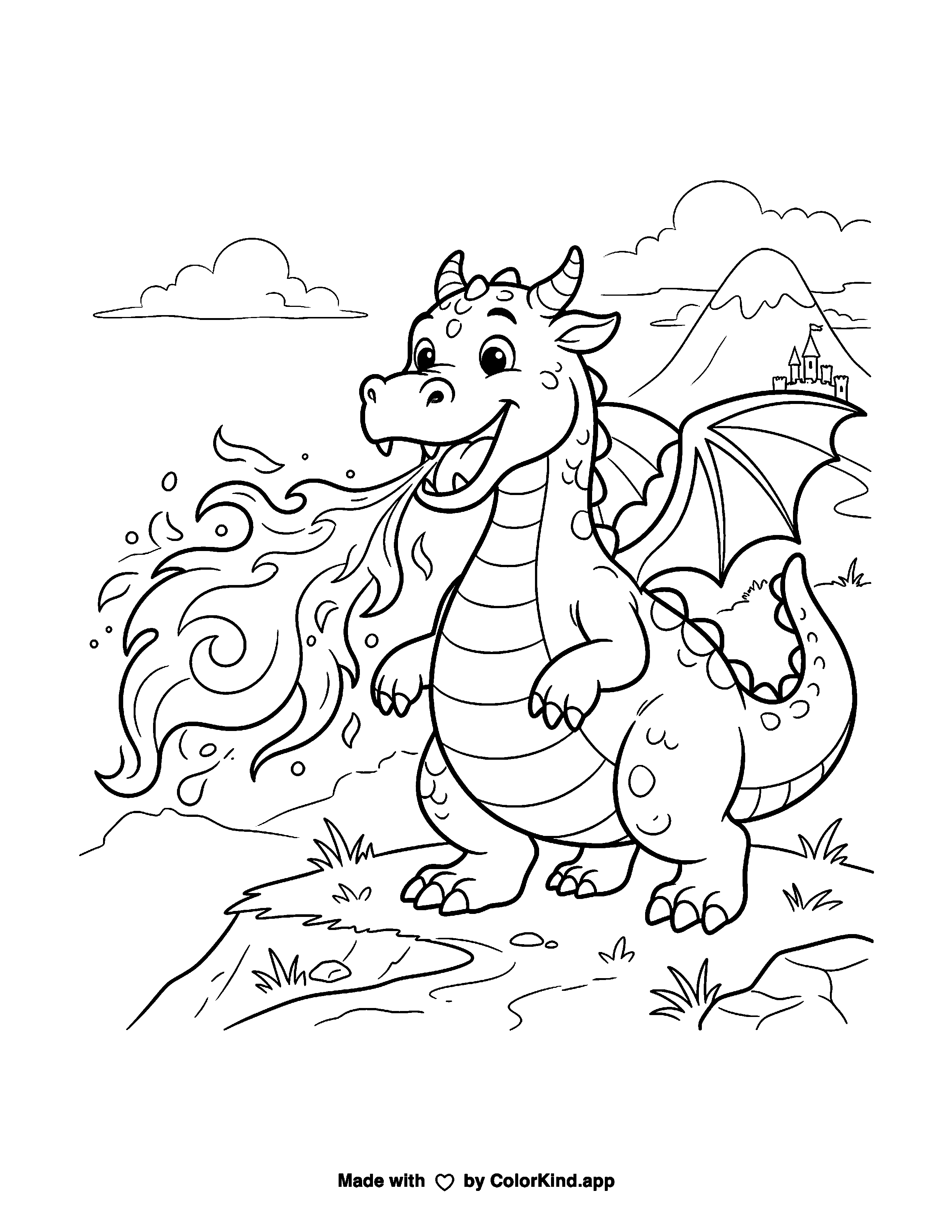 Friendly Dragon Breathing Fire as a free printable coloring page reviewed by ColorKind