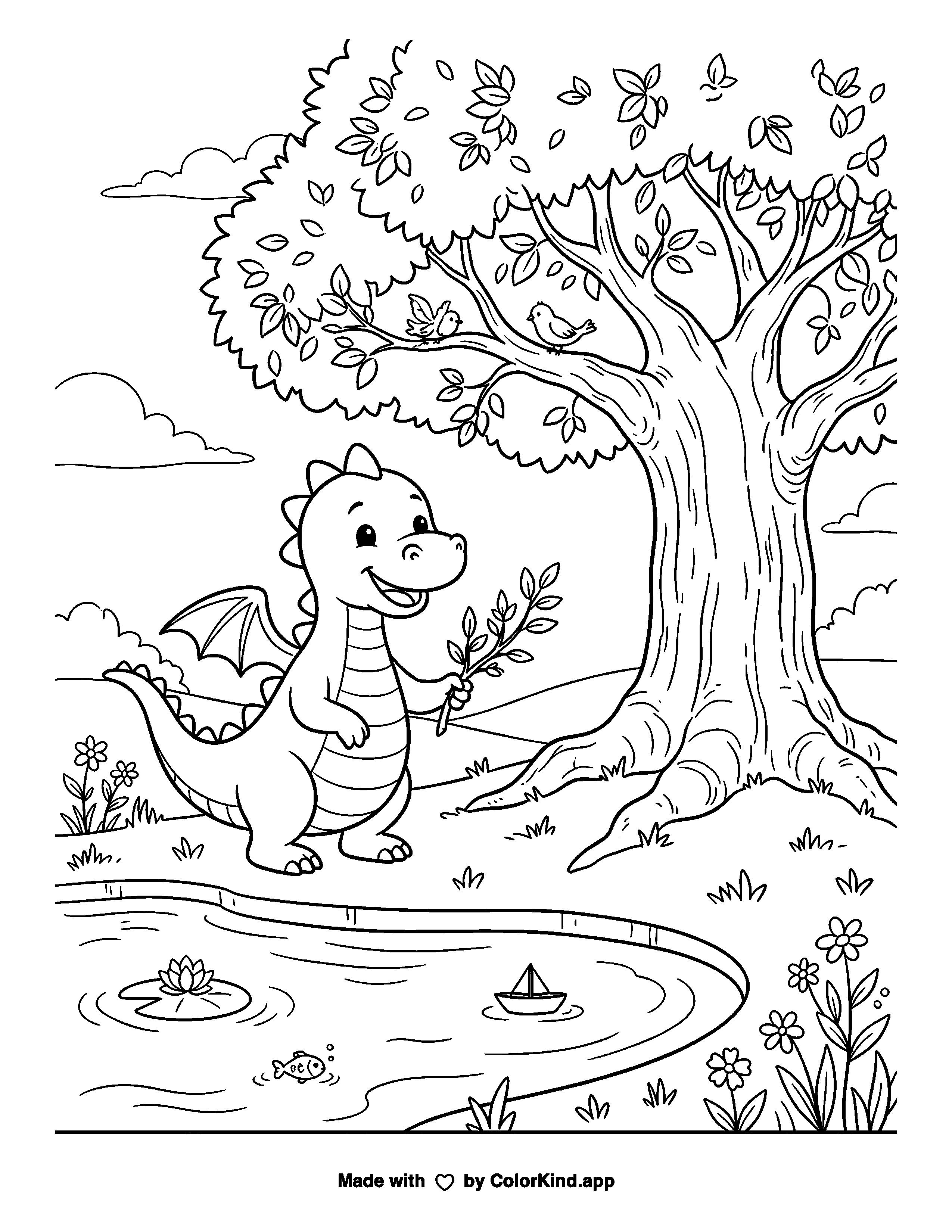 Friendly dragon by a tree and pond as a free printable coloring page reviewed by ColorKind