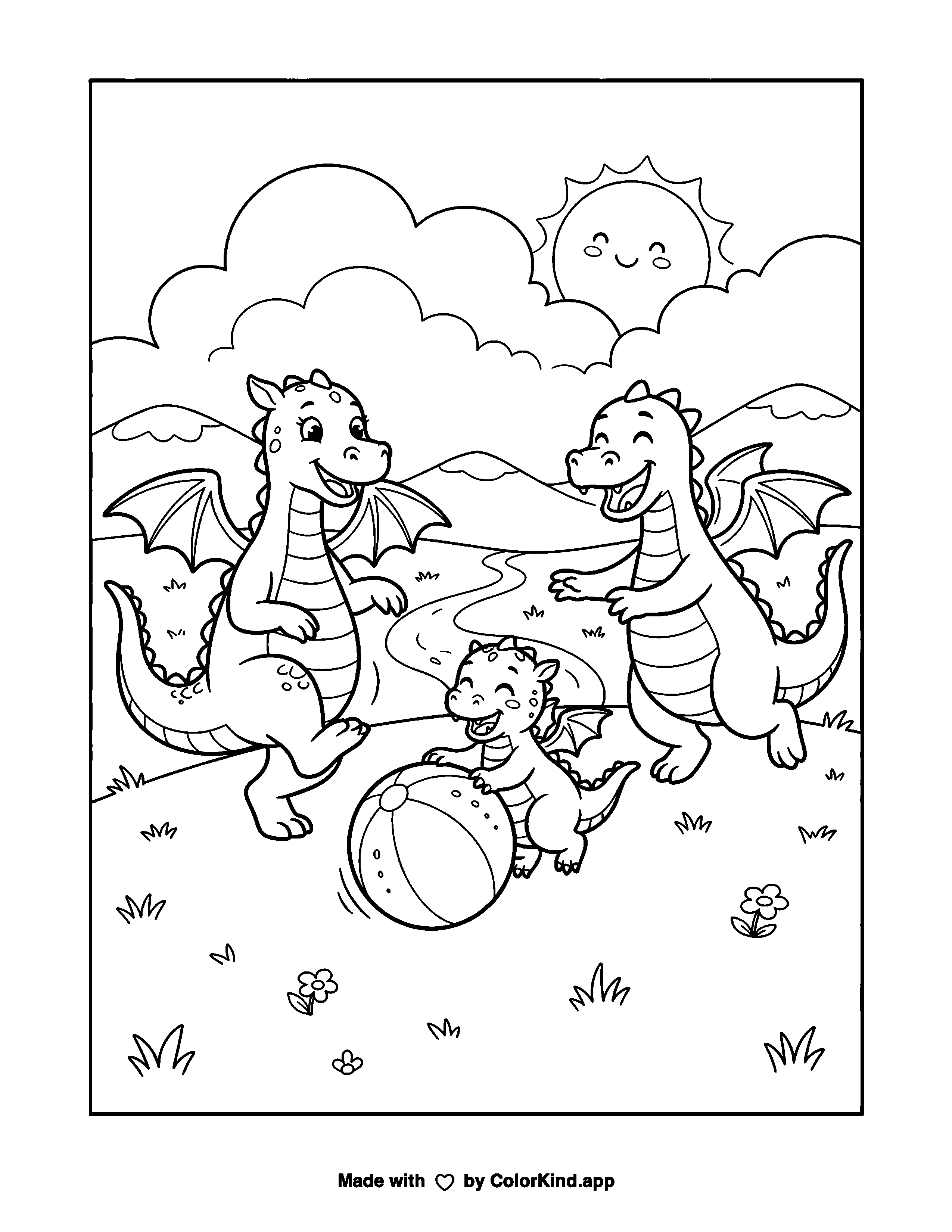 Friendly Dragon Family Playing in a Meadow as a free printable coloring page reviewed by ColorKind