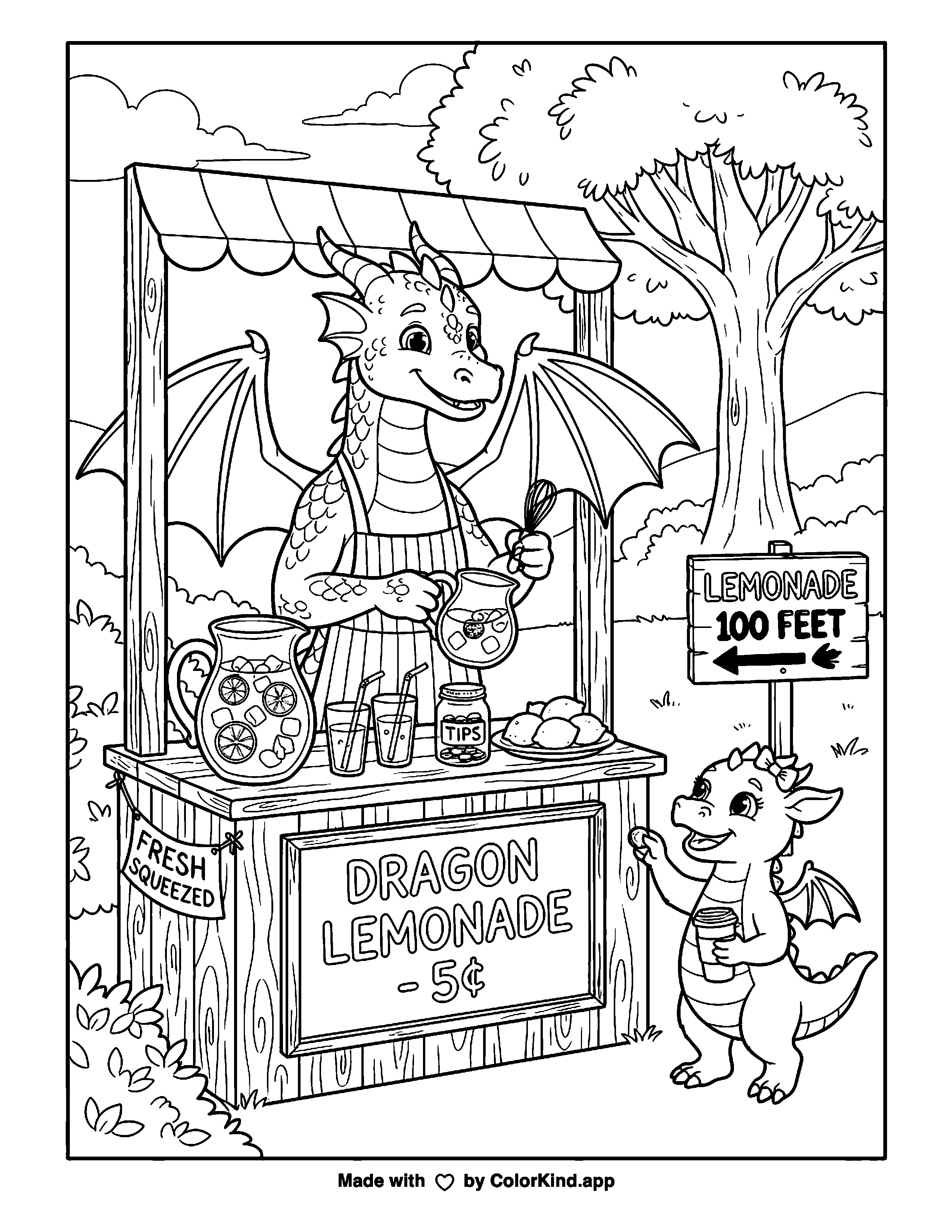 Friendly Dragon Lemonade Stand as a free printable coloring page reviewed by ColorKind