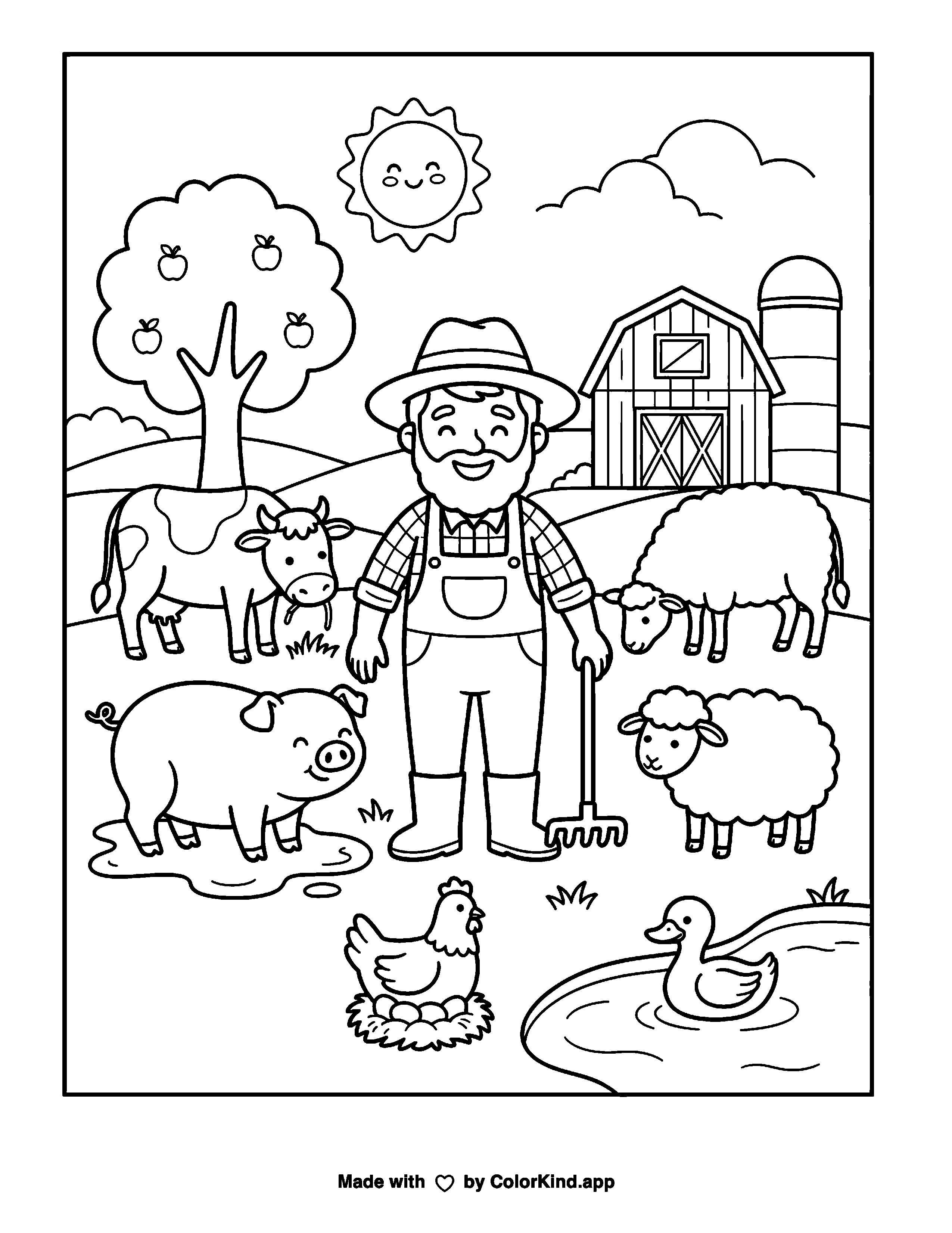 Friendly Farmer and Farm Animals Coloring Page as a free printable coloring page reviewed by ColorKind
