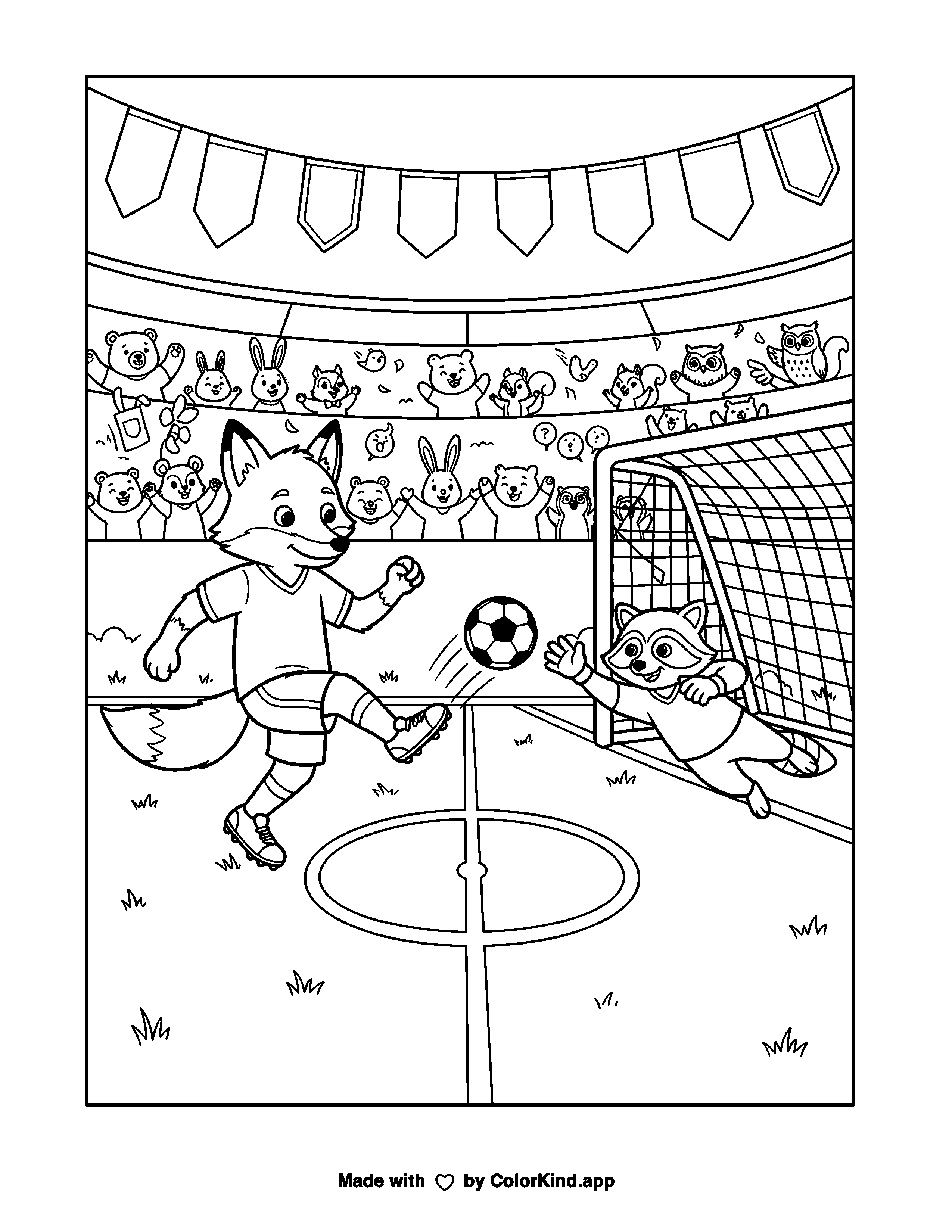 Friendly Fox Soccer Match as a free printable coloring page reviewed by ColorKind