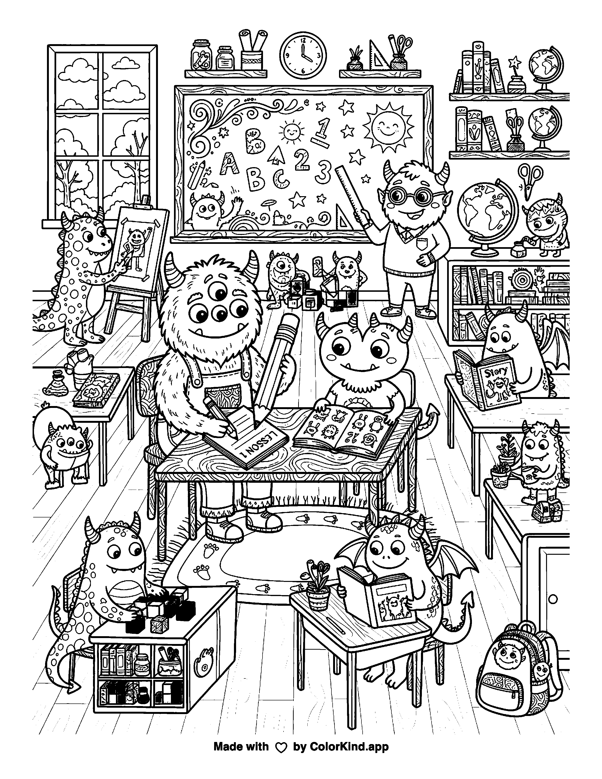 Friendly Monster School Day as a free printable coloring page reviewed by ColorKind