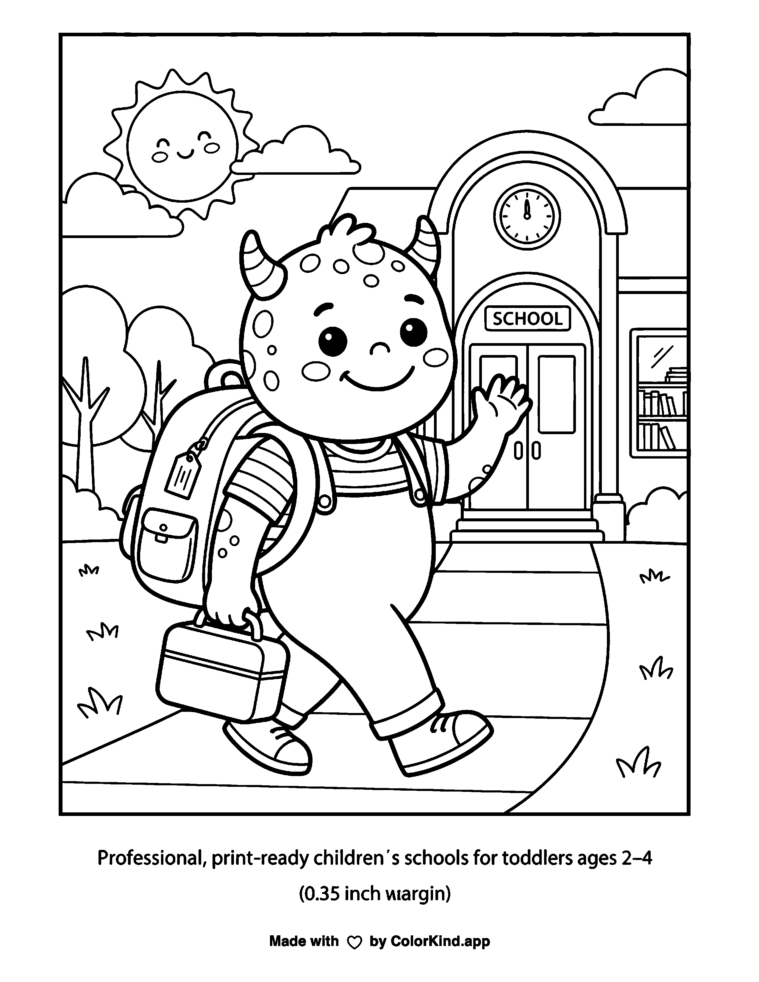 Friendly Monsters Going to School Coloring Page as a free printable coloring page reviewed by ColorKind
