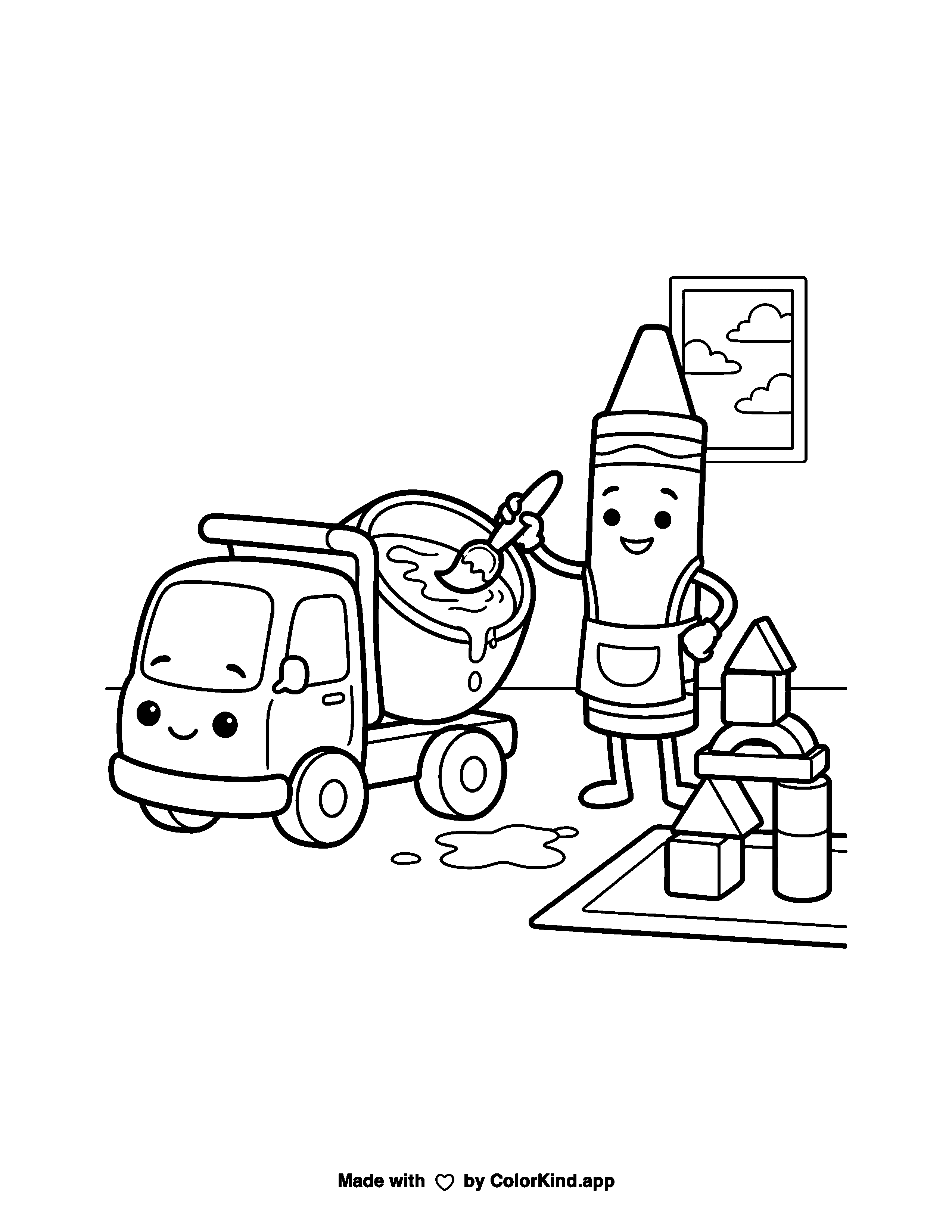 Friendly Paint Truck with Crayon and Wooden Blocks as a free printable coloring page reviewed by ColorKind