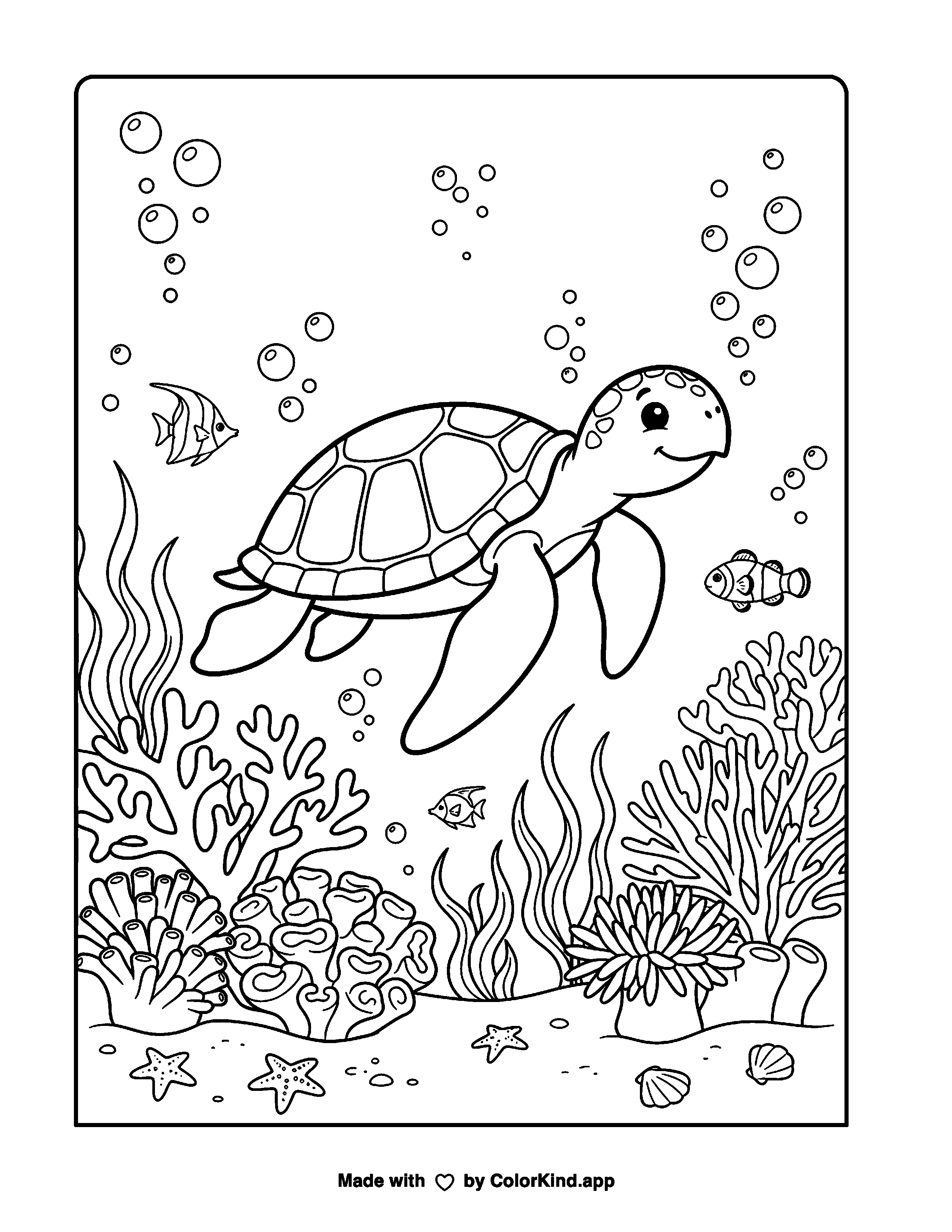 Friendly Sea Turtle in a Coral Reef as a free printable coloring page reviewed by ColorKind