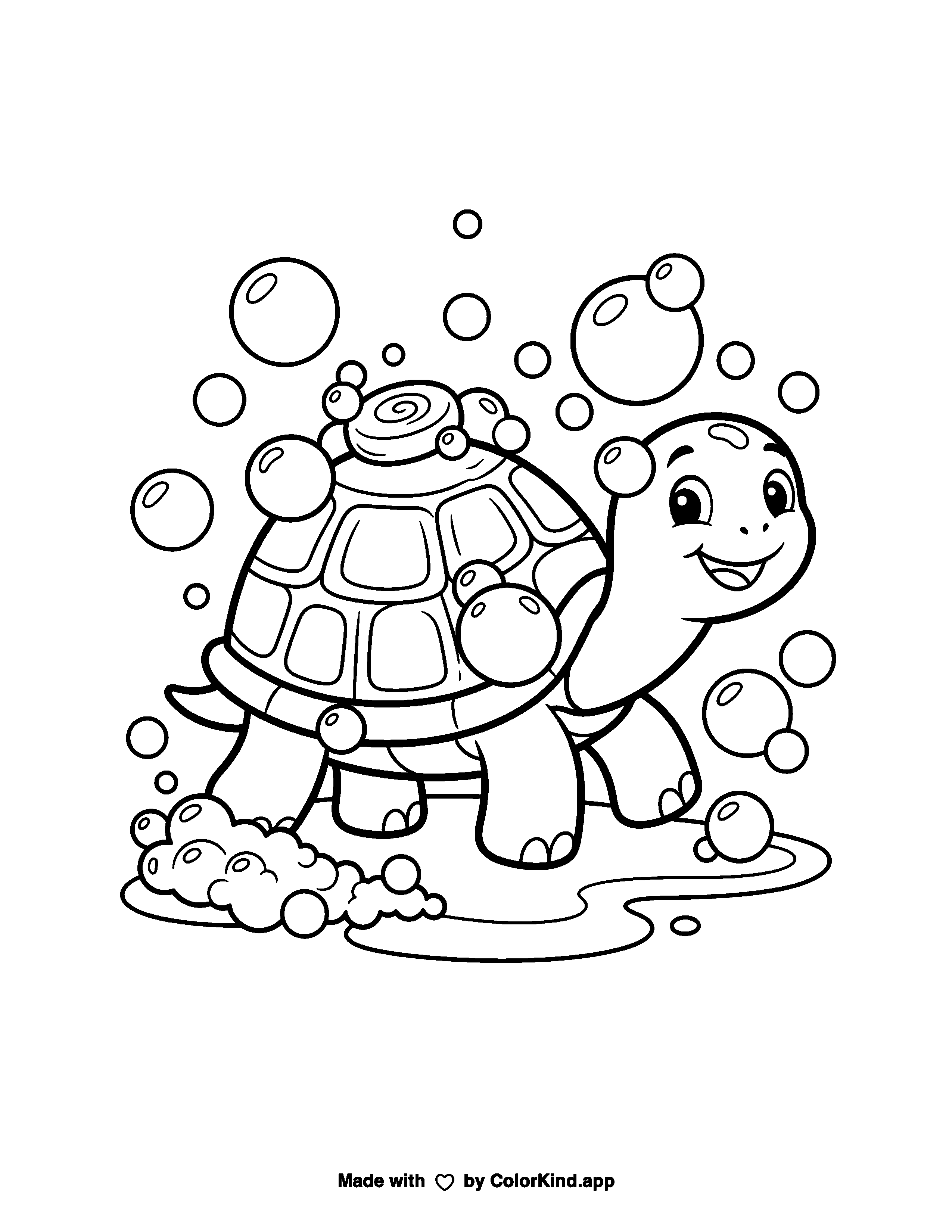 Friendly turtle enjoying a bubbly bath as a free printable coloring page reviewed by ColorKind