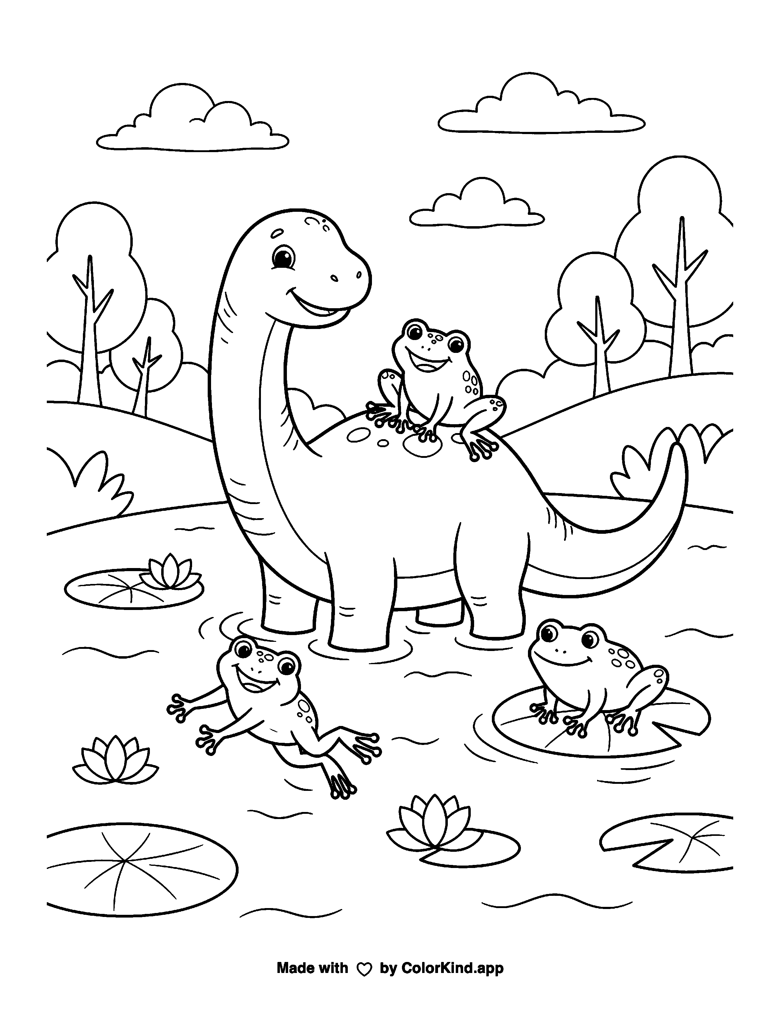 Frogs by a Lake with a Friendly Dinosaur as a free printable coloring page reviewed by ColorKind