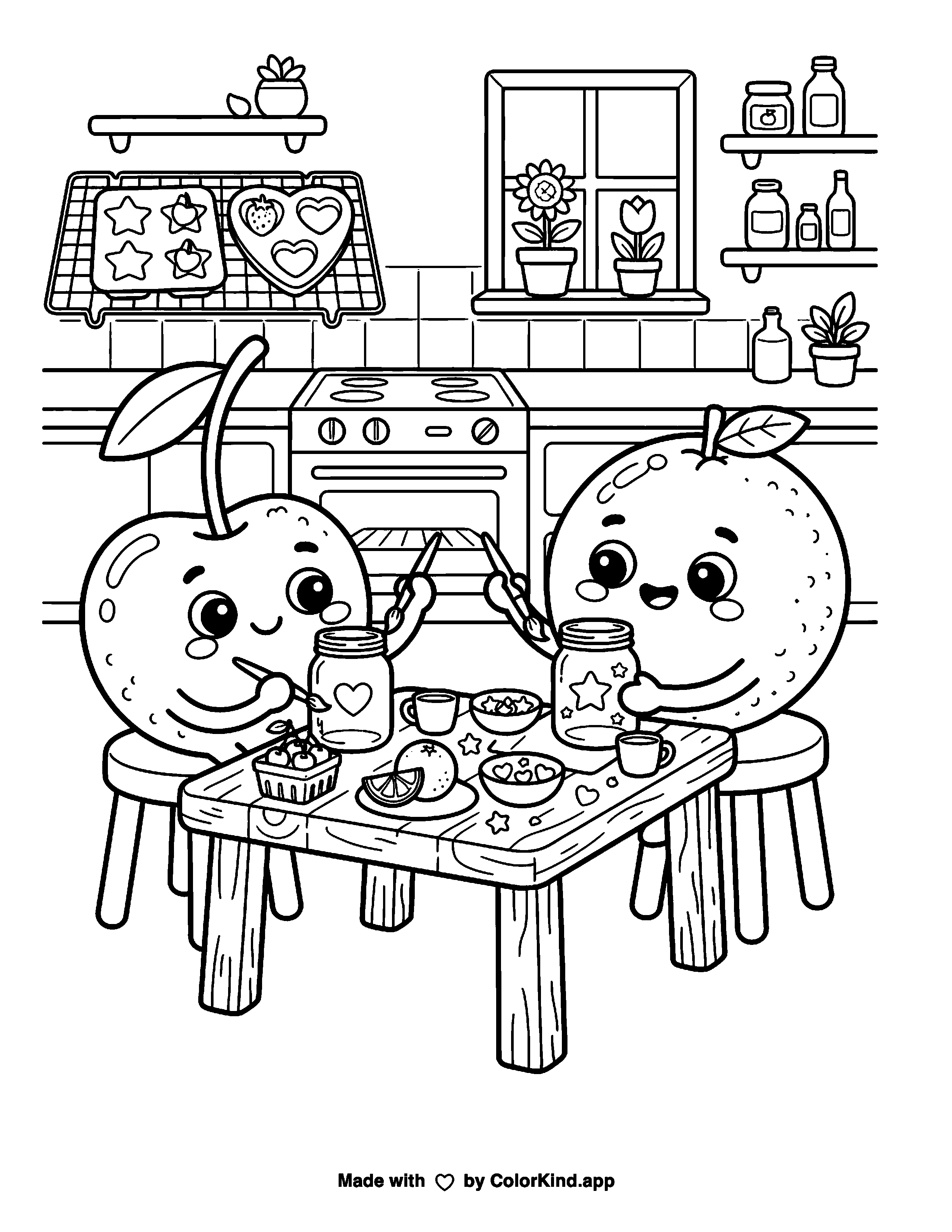 Fruit Friends Picnic in a Tiny Kitchen as a free printable coloring page reviewed by ColorKind