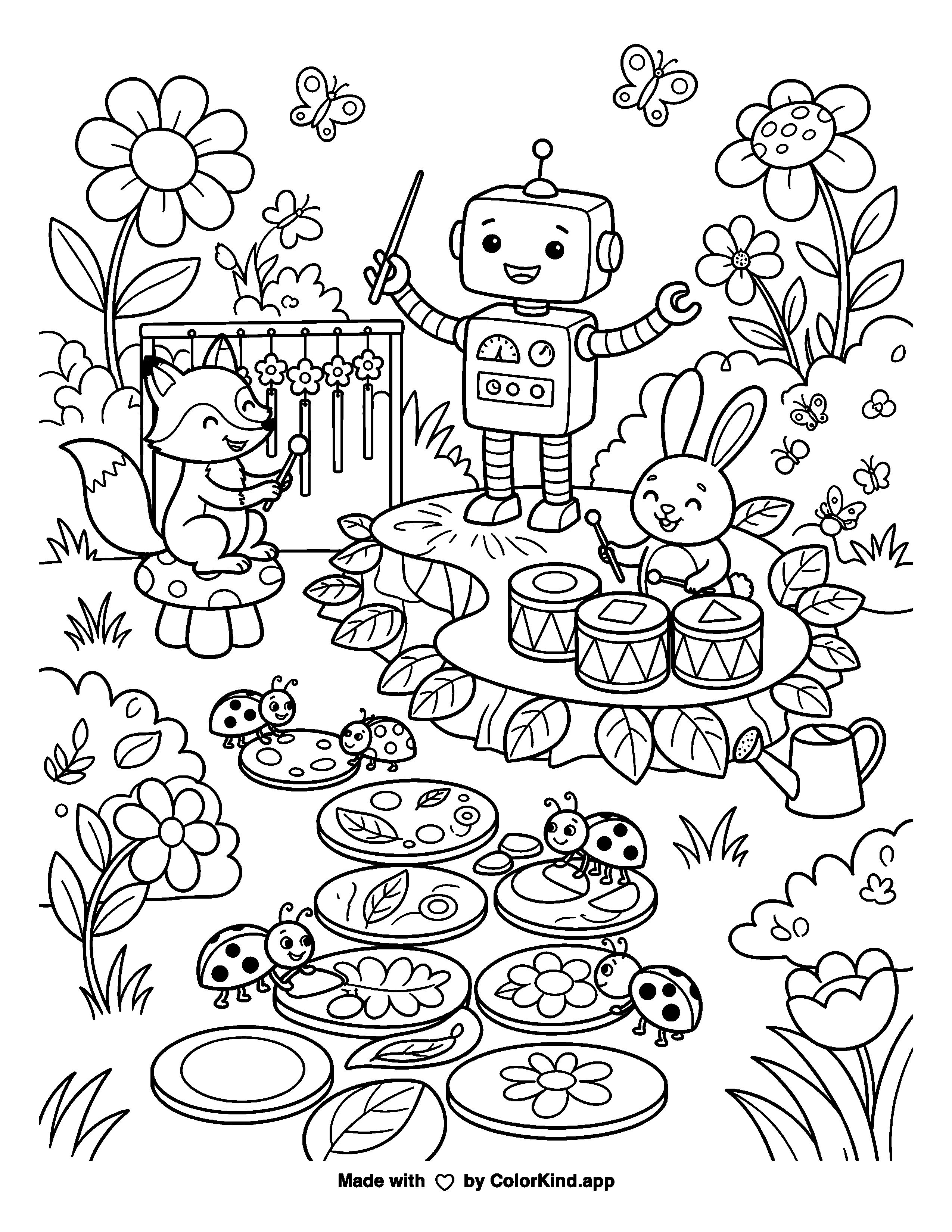 Garden Orchestra with Friendly Animal Friends as a free printable coloring page reviewed by ColorKind