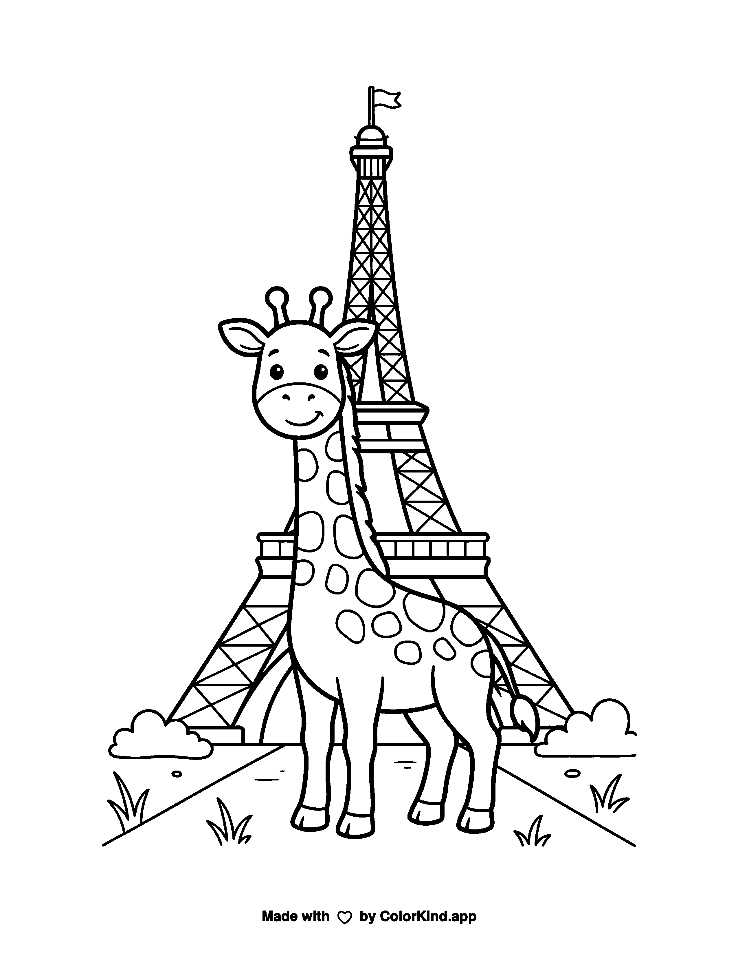 Giraffe by a Tall City Tower as a free printable coloring page reviewed by ColorKind