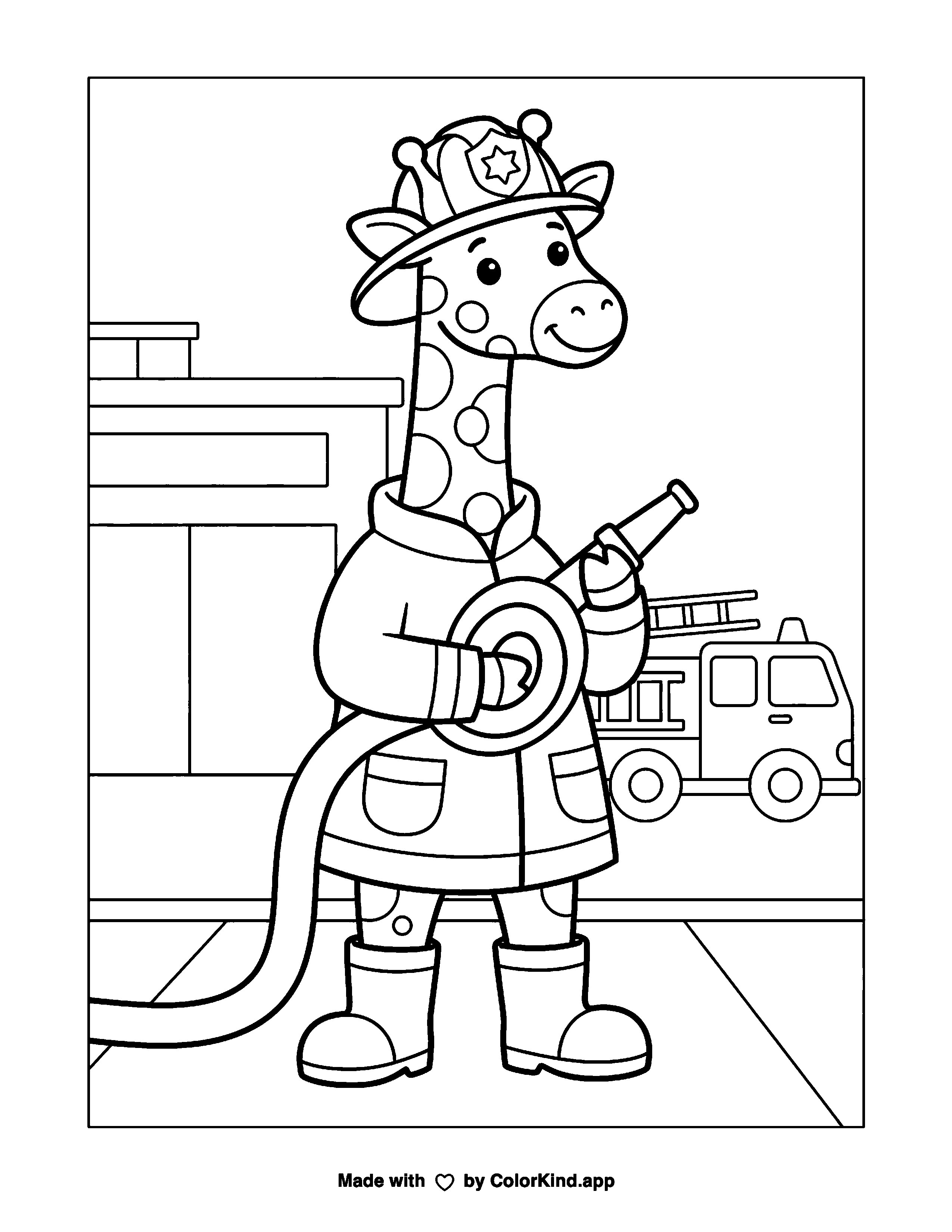 Giraffe Firefighters Coloring Page as a free printable coloring page reviewed by ColorKind