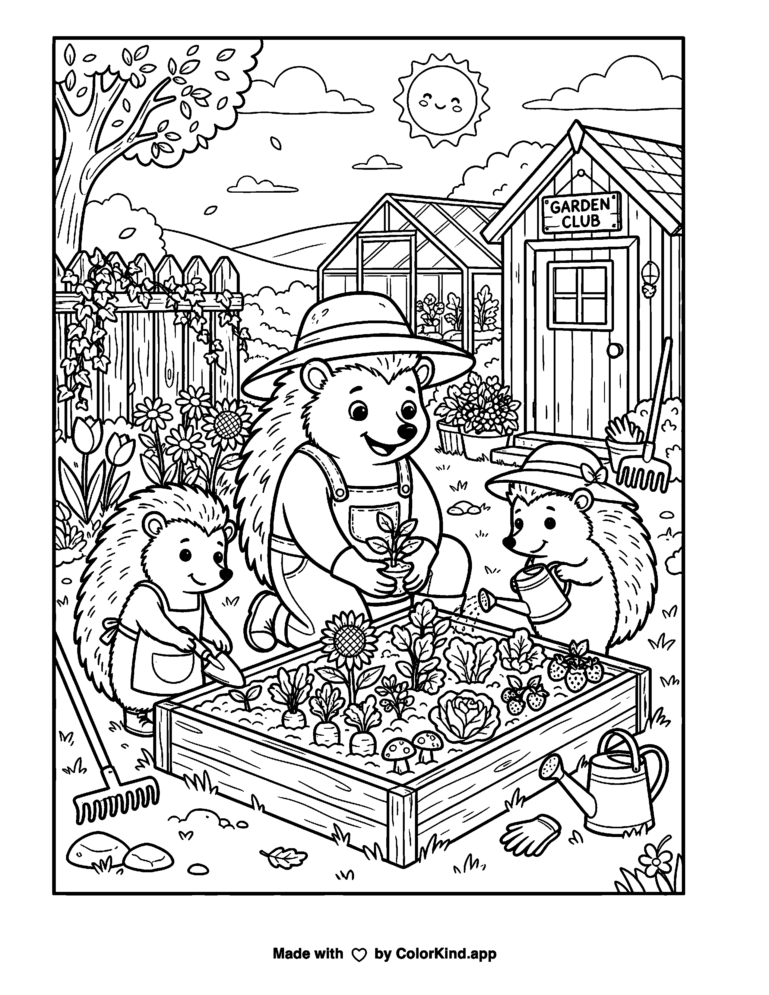 Hedgehog Garden Club Coloring Page as a free printable coloring page reviewed by ColorKind