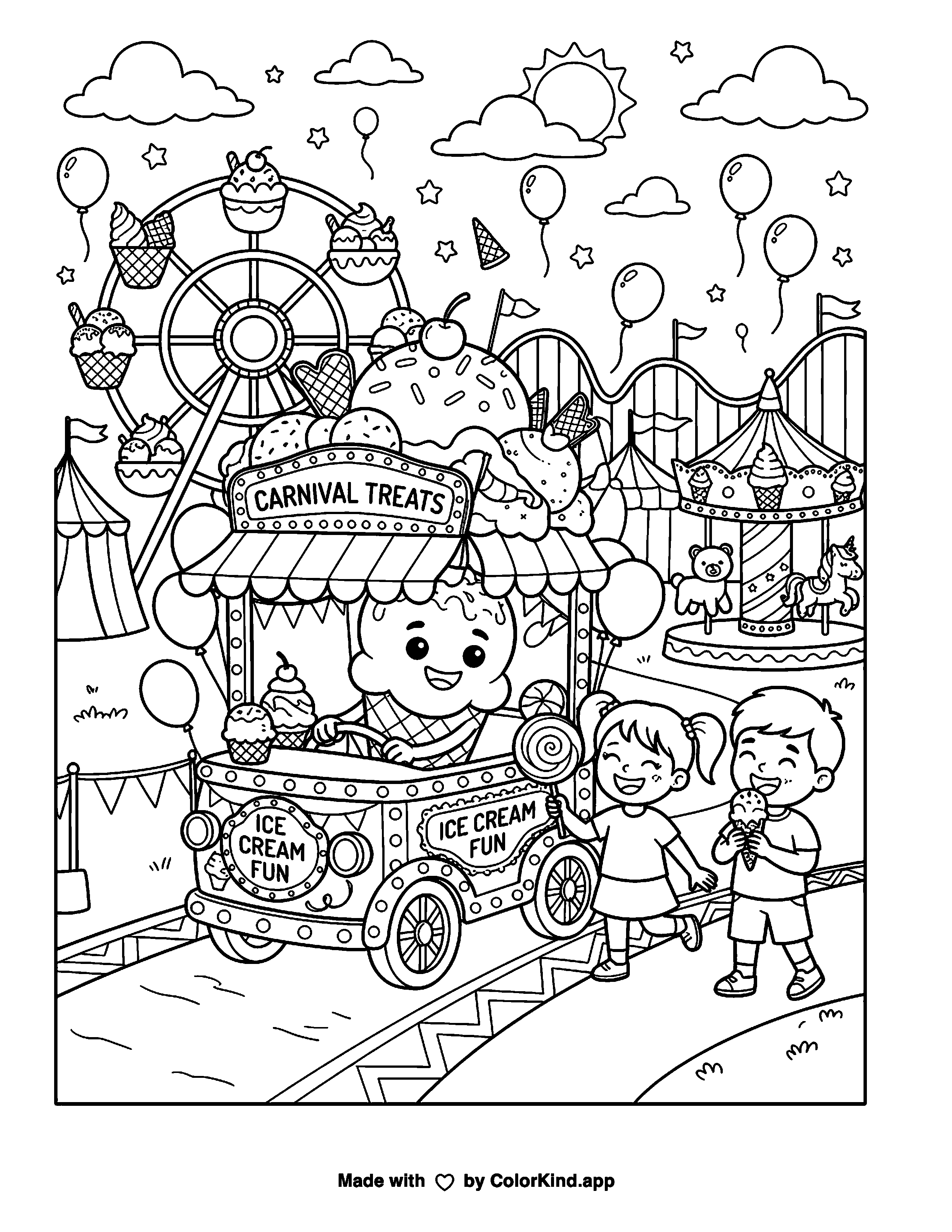 Ice Cream Carnival Coloring Page as a free printable coloring page reviewed by ColorKind