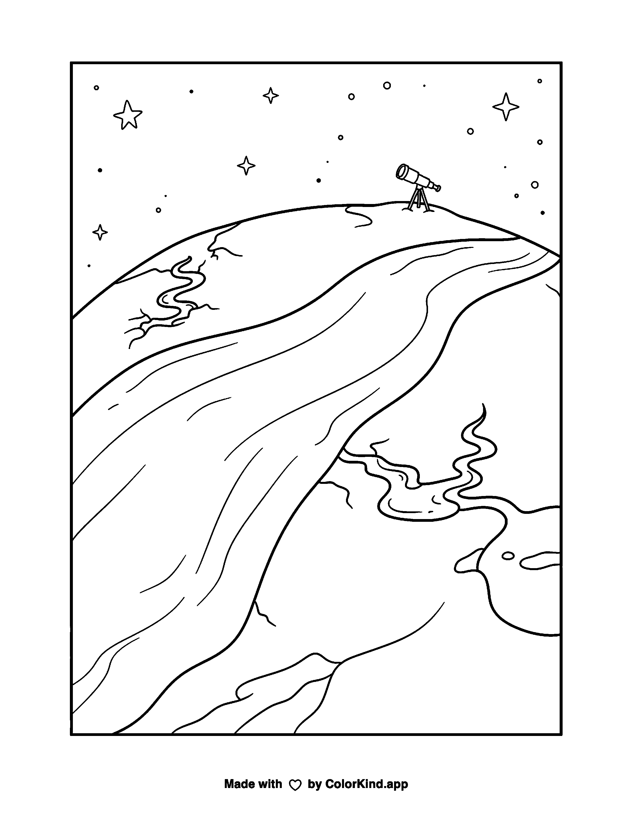 Icy Dwarf Planet with Glacier and Telescope as a free printable coloring page reviewed by ColorKind