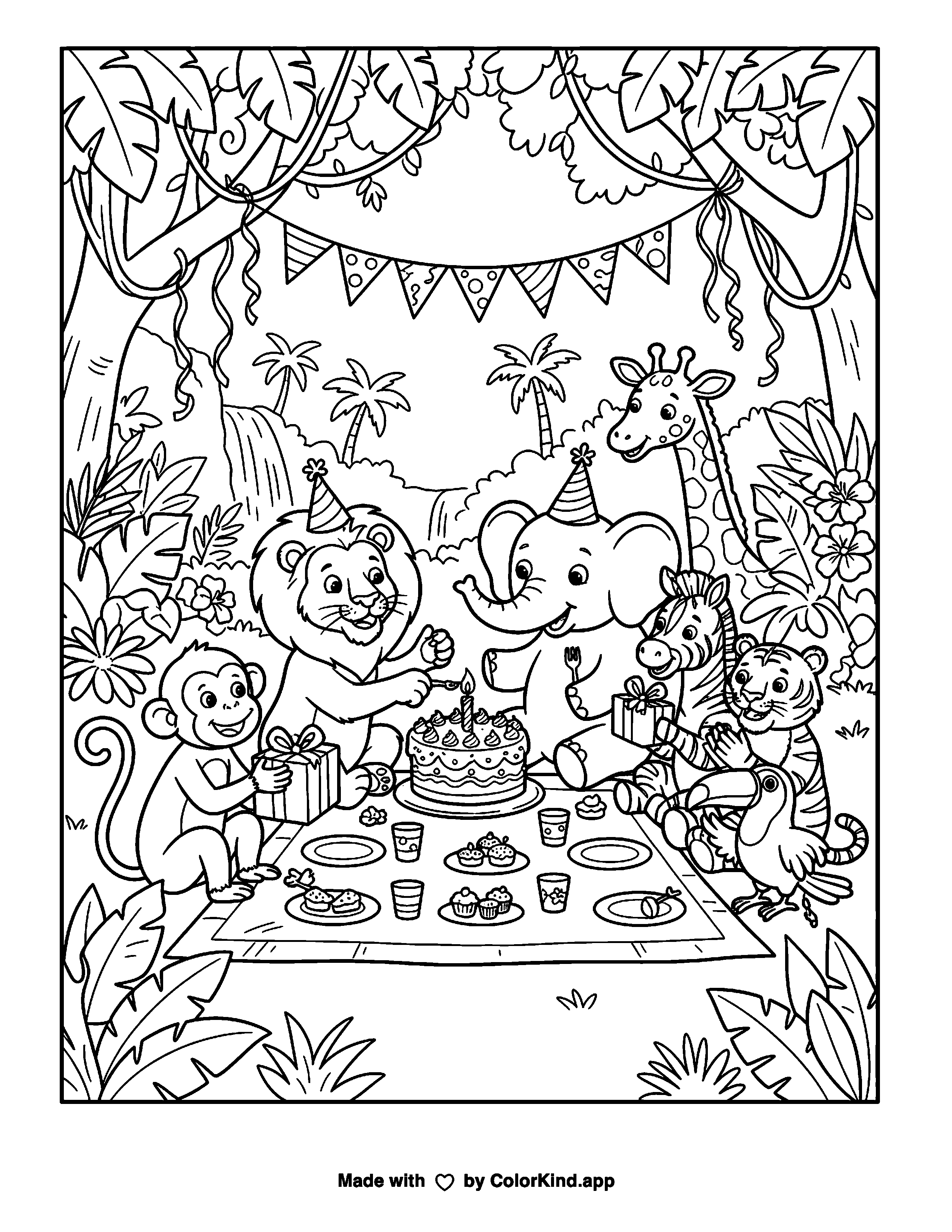 Jungle Birthday Animals Coloring Page as a free printable coloring page reviewed by ColorKind