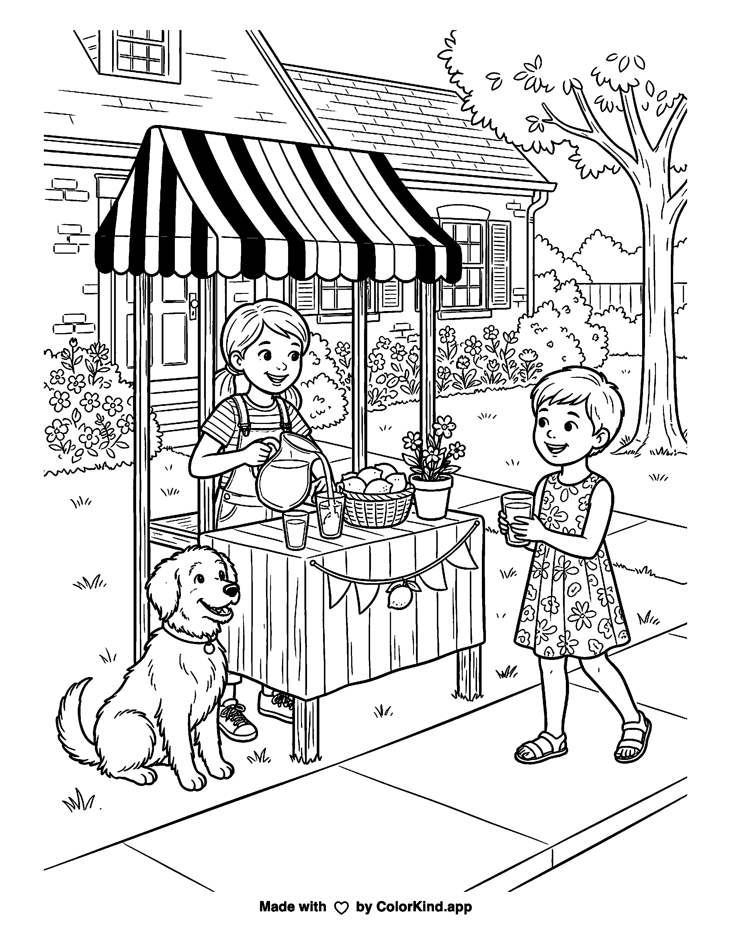 Kids’ Lemonade Stand with a Dog as a free printable coloring page reviewed by ColorKind