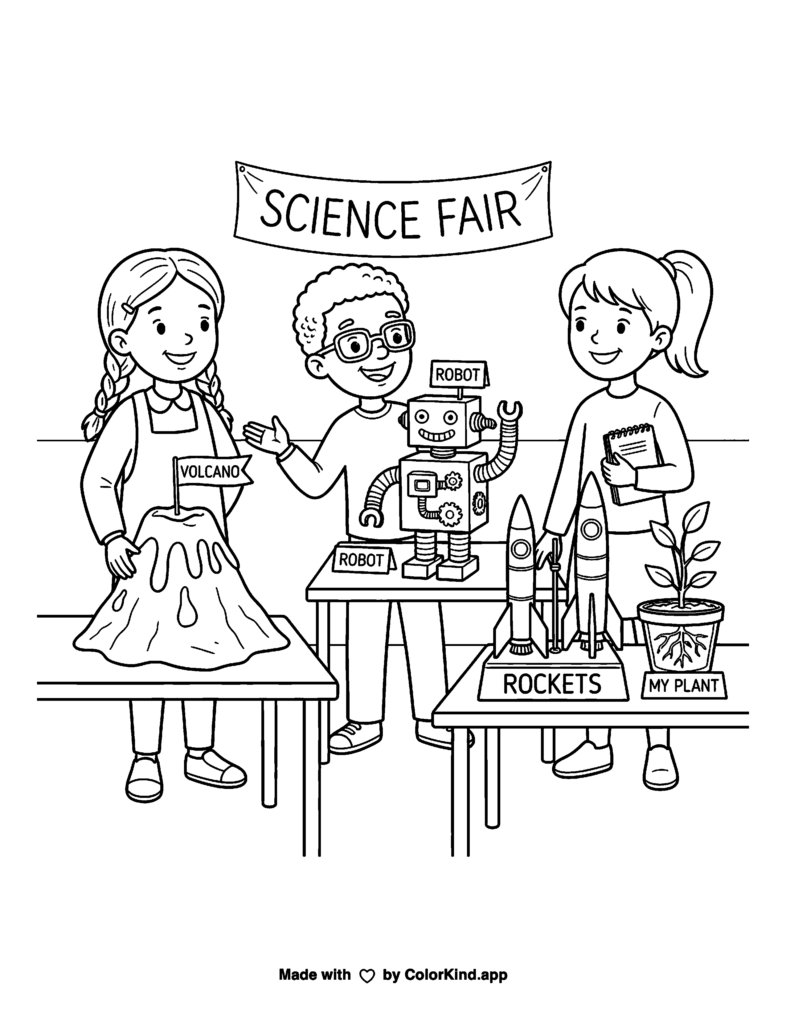 Kids Science Fair Projects as a free printable coloring page reviewed by ColorKind