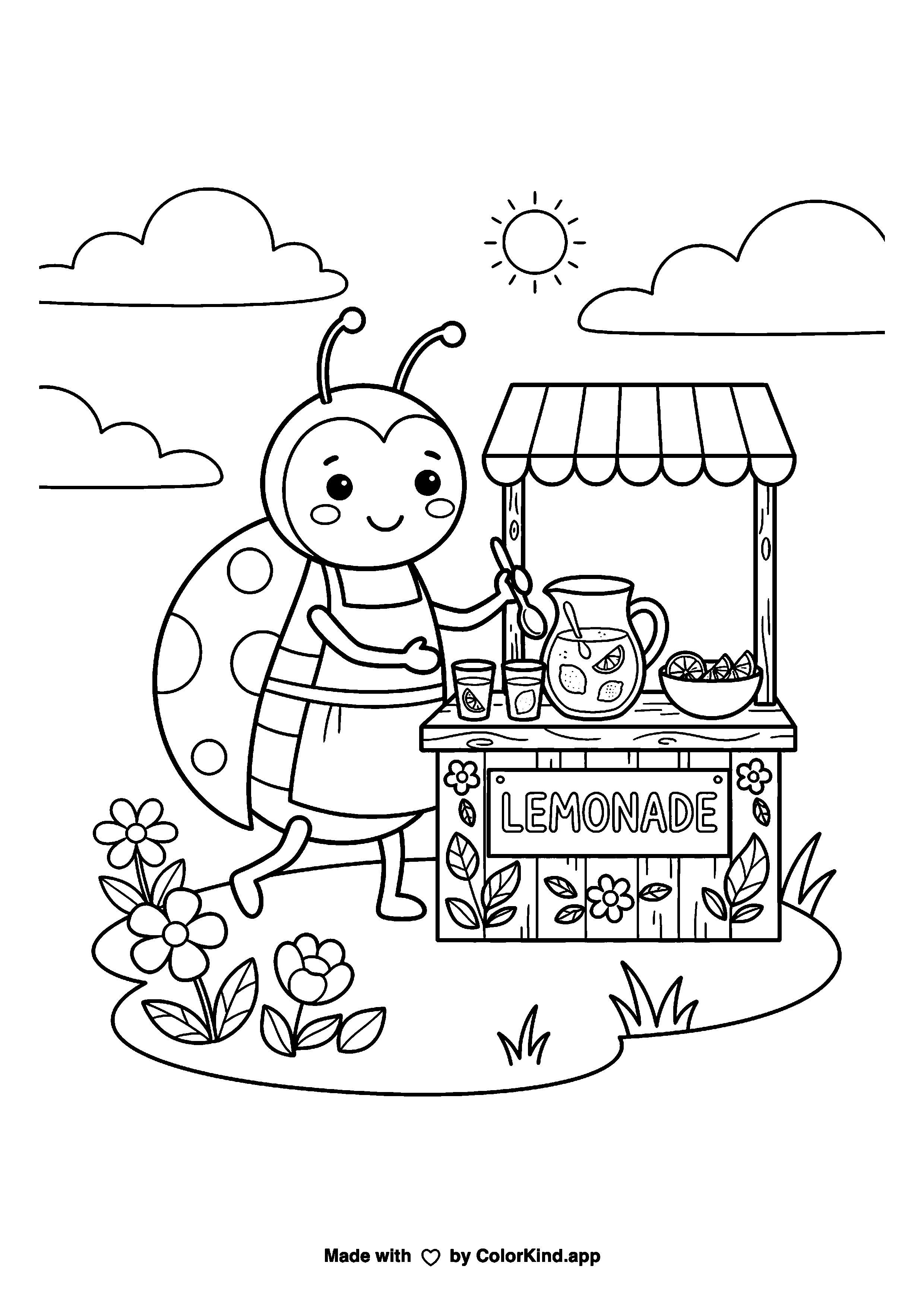 Ladybug Lemonade Stand as a free printable coloring page reviewed by ColorKind