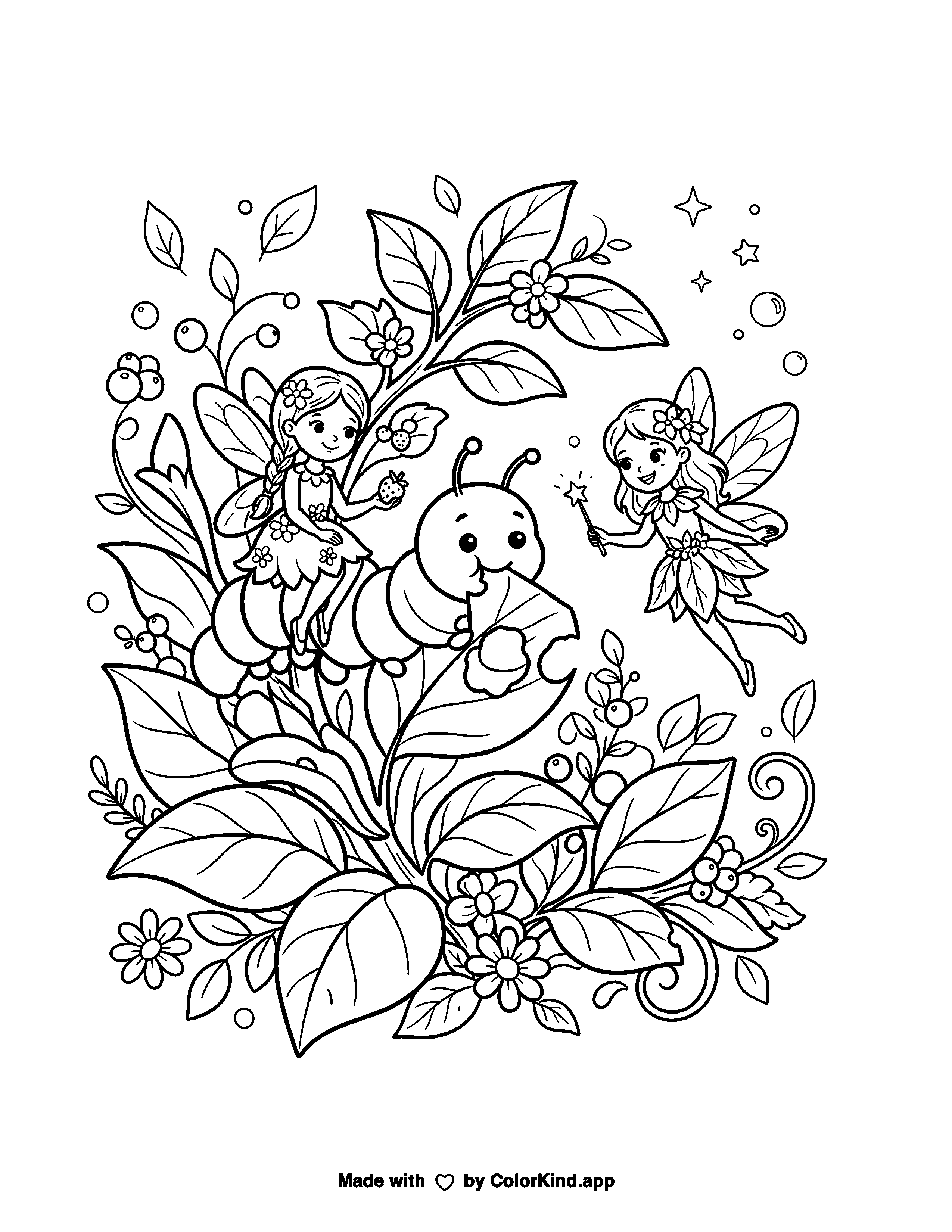 Little Caterpillar and Garden Fairies Coloring Page as a free printable coloring page reviewed by ColorKind
