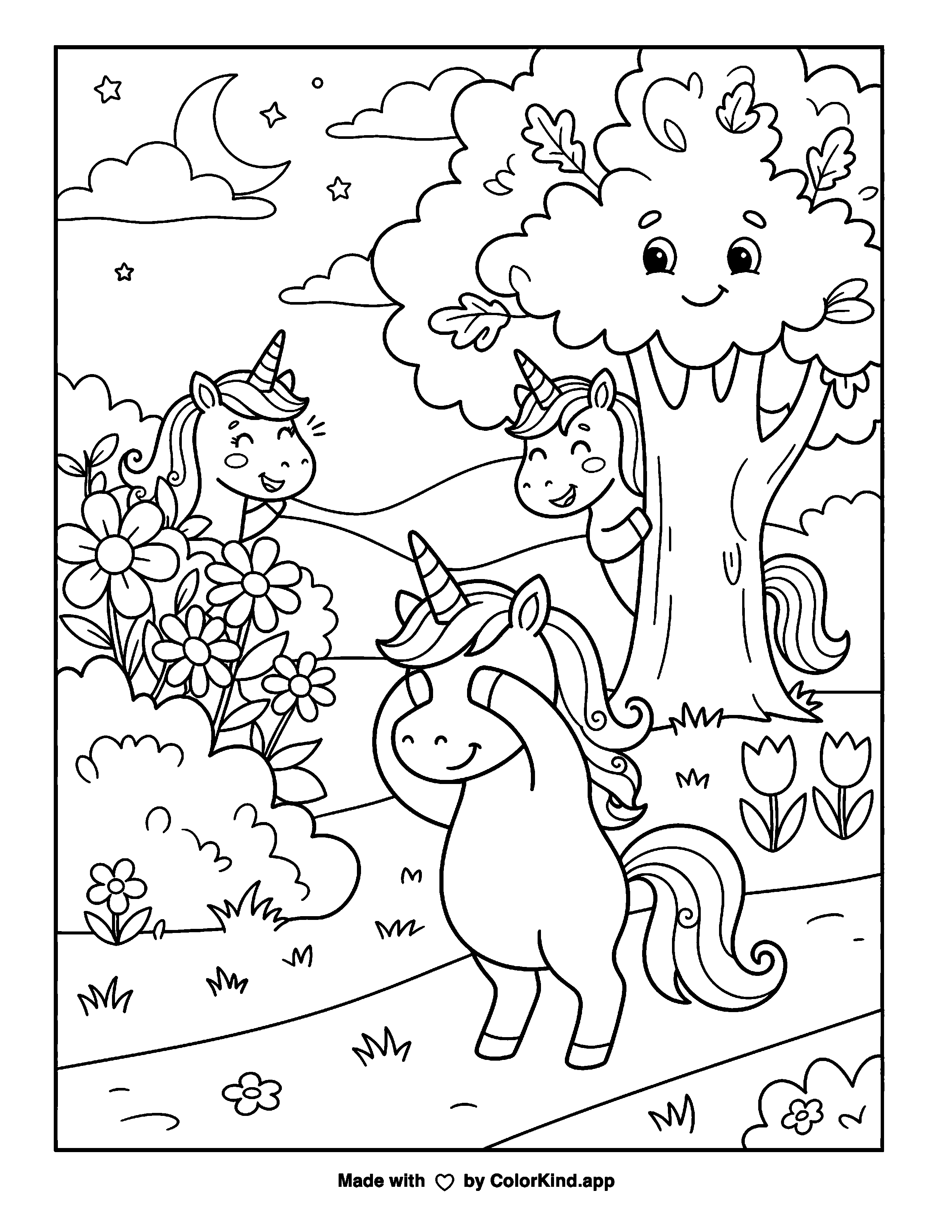 Unicorns playing hide-and-seek in a flower meadow as a free printable coloring page reviewed by ColorKind