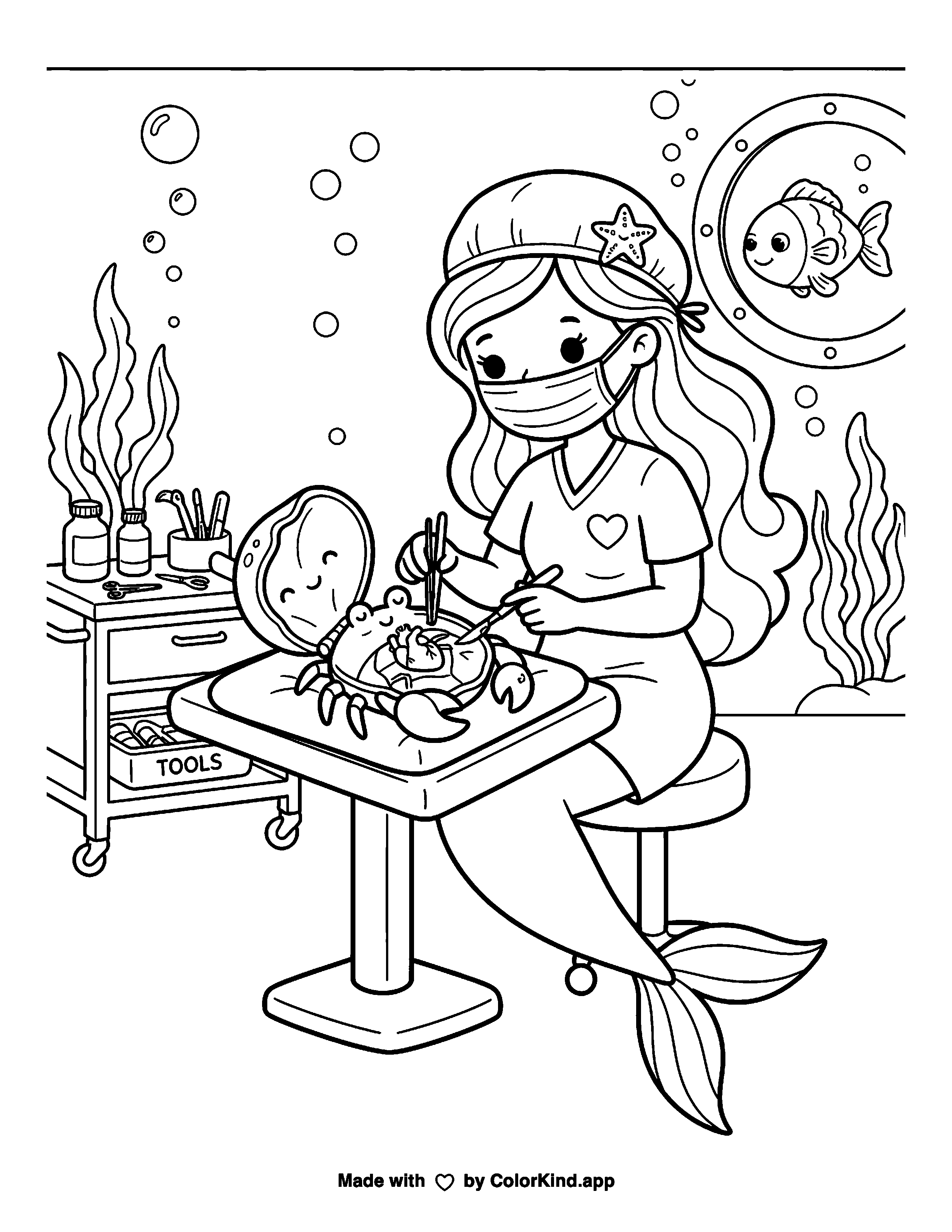 Mermaid Doctor Caring for a Crab as a free printable coloring page reviewed by ColorKind