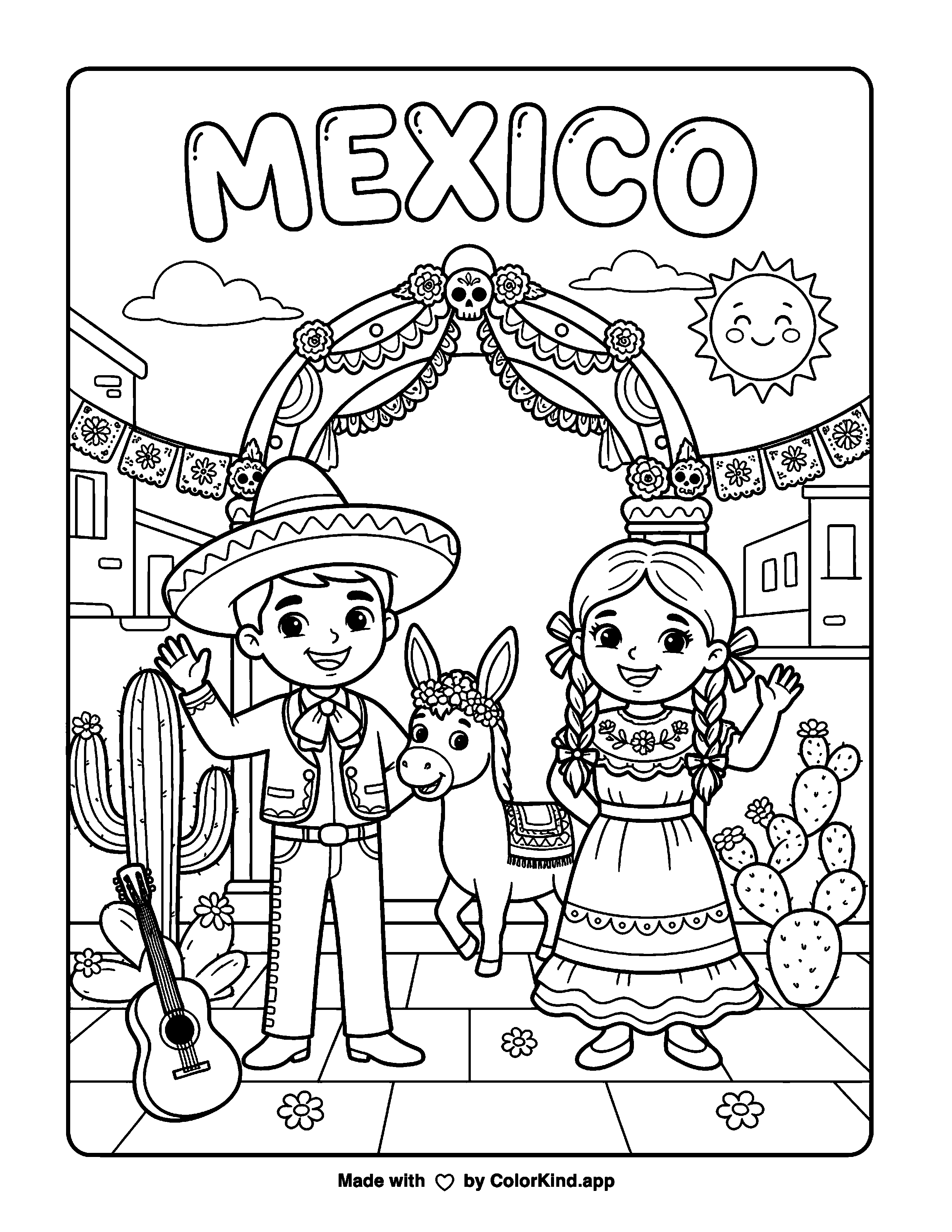 Mexico-Inspired Folk Art Scene as a free printable coloring page reviewed by ColorKind