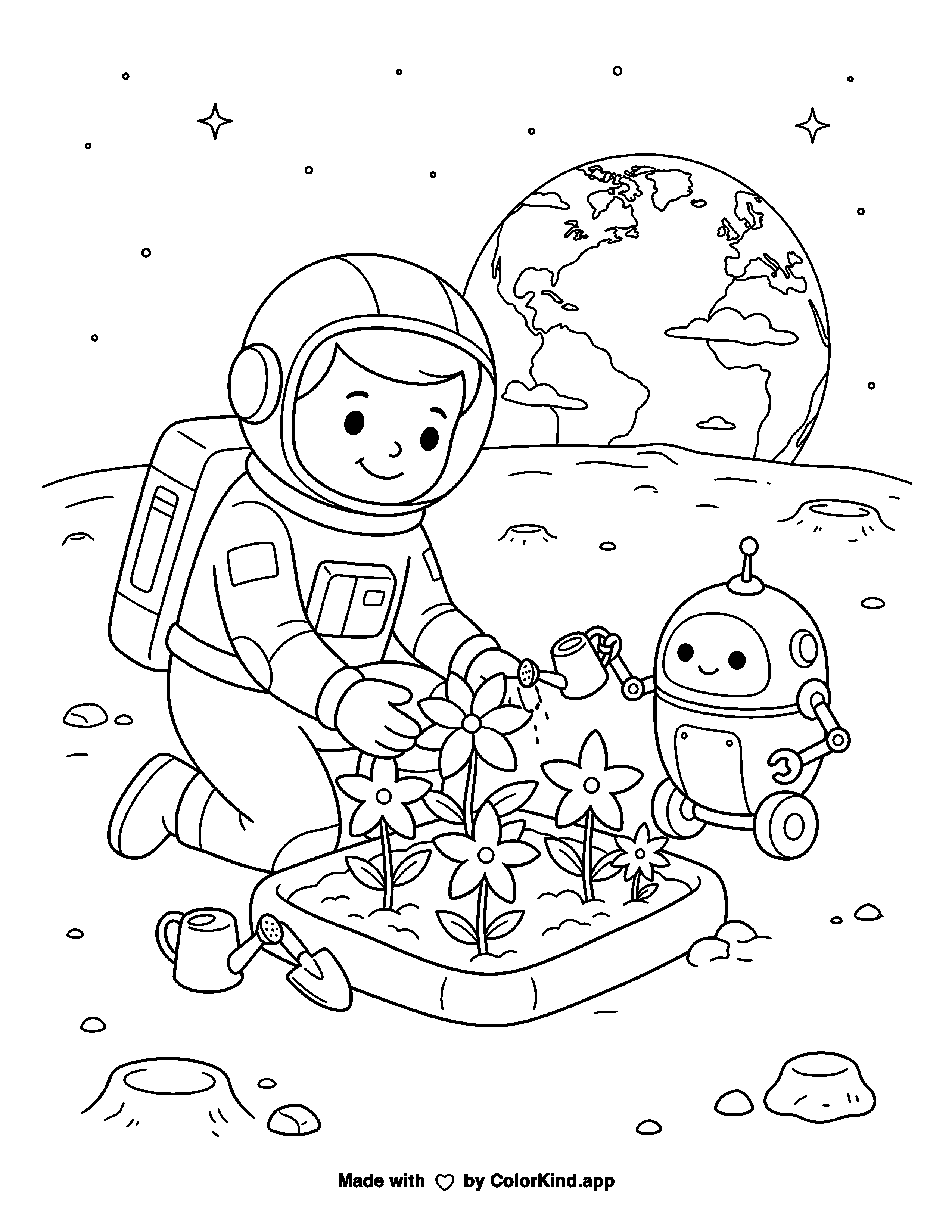 Moon Garden: Space Explorer and Robot Coloring Page as a free printable coloring page reviewed by ColorKind