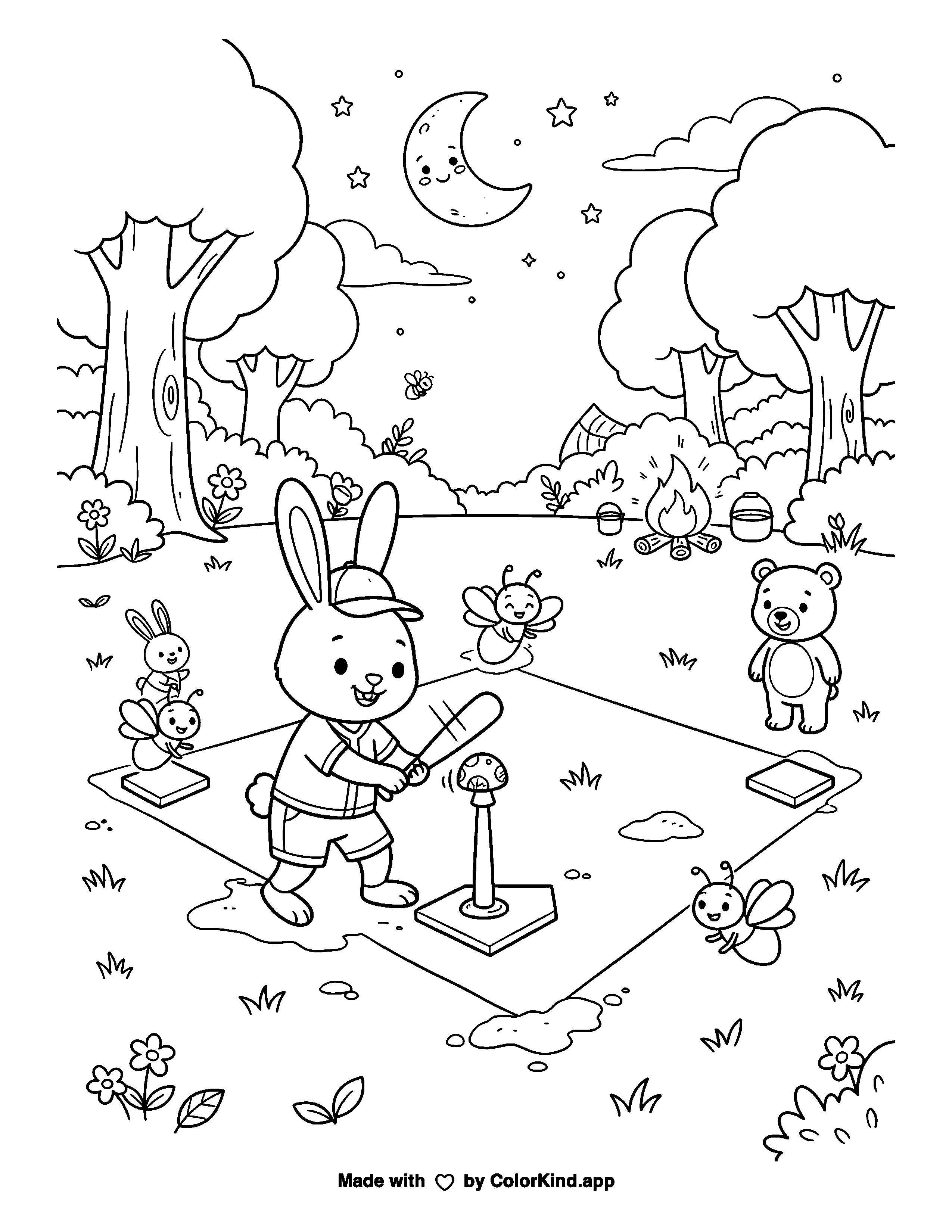 Moonlit Tee-Ball with Firefly Bases as a free printable coloring page reviewed by ColorKind