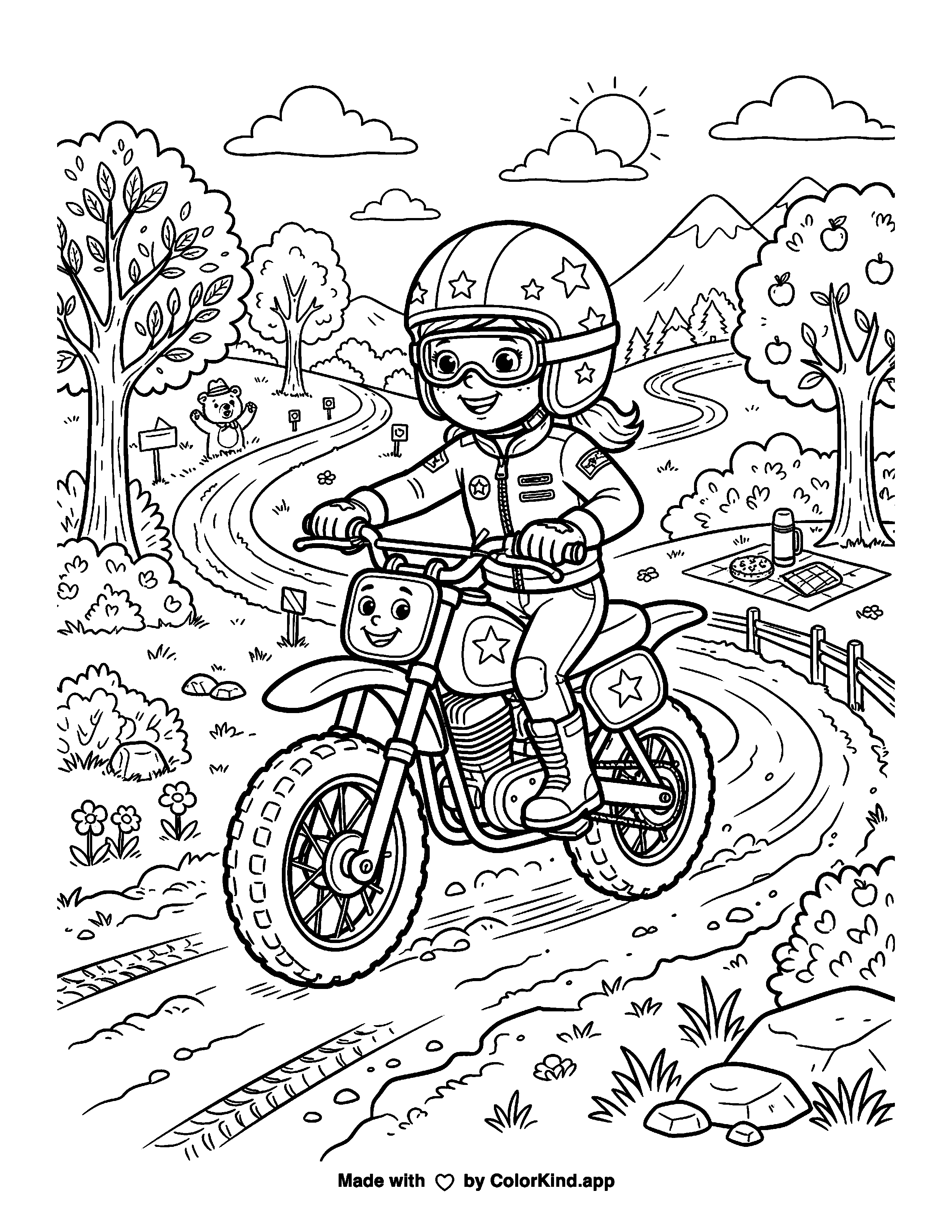 Motorcycle Adventure Coloring Page as a free printable coloring page reviewed by ColorKind