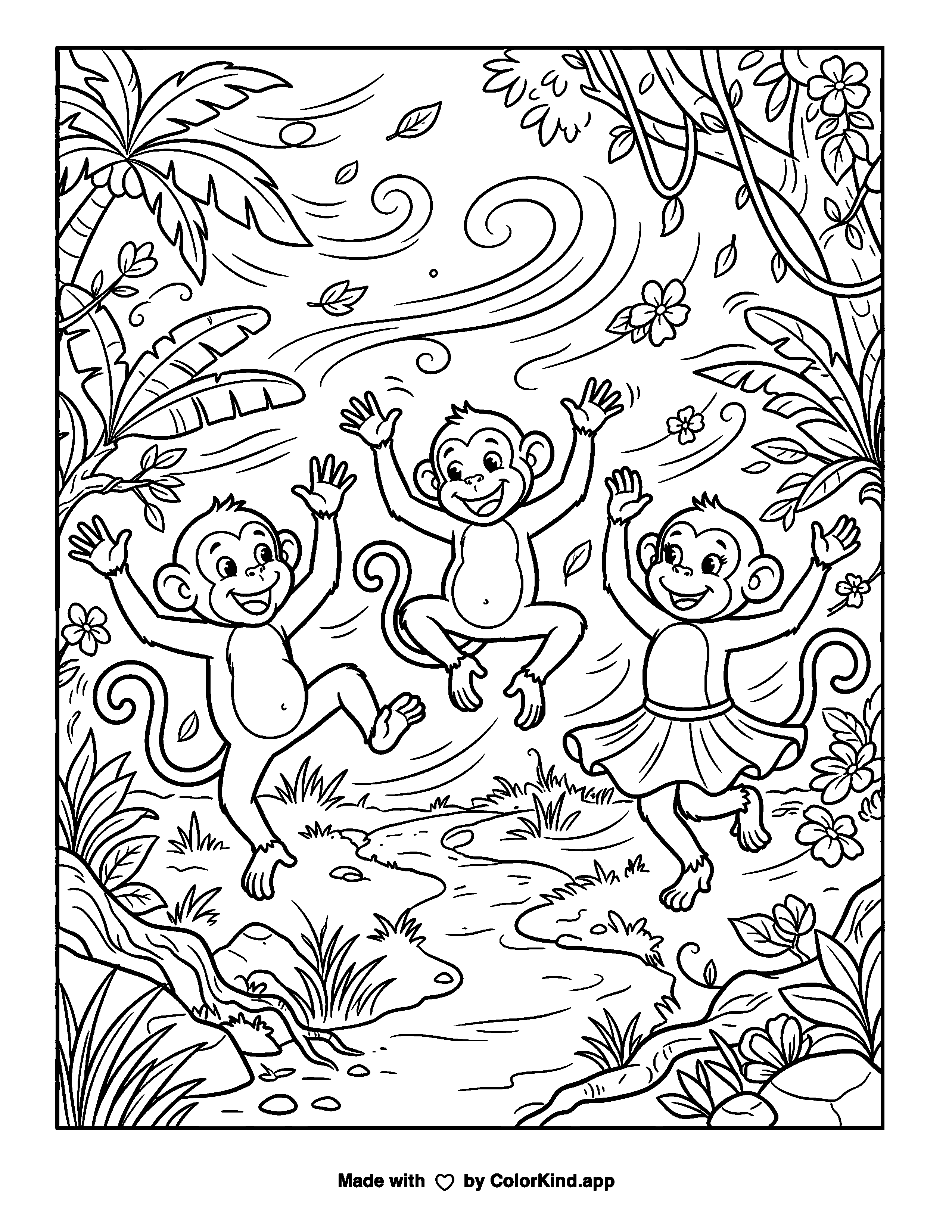 Playful monkeys swaying in a breezy jungle coloring page as a free printable coloring page reviewed by ColorKind