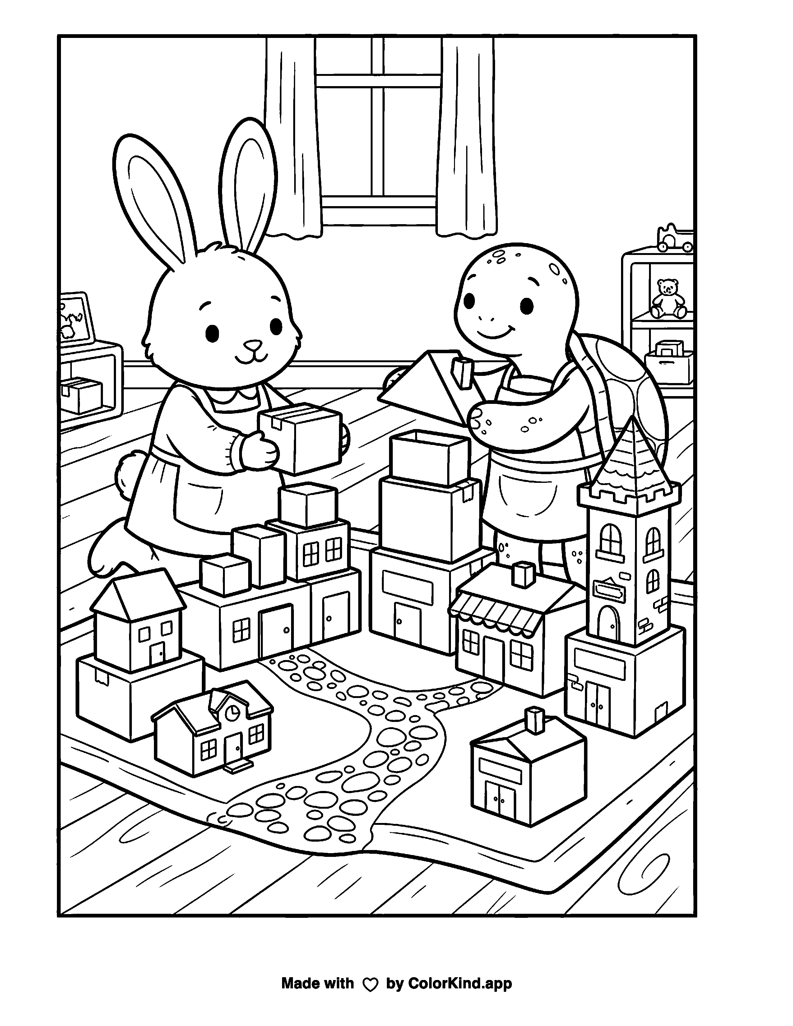 Rabbit and Turtle Build a Cardboard Town Coloring Page as a free printable coloring page reviewed by ColorKind