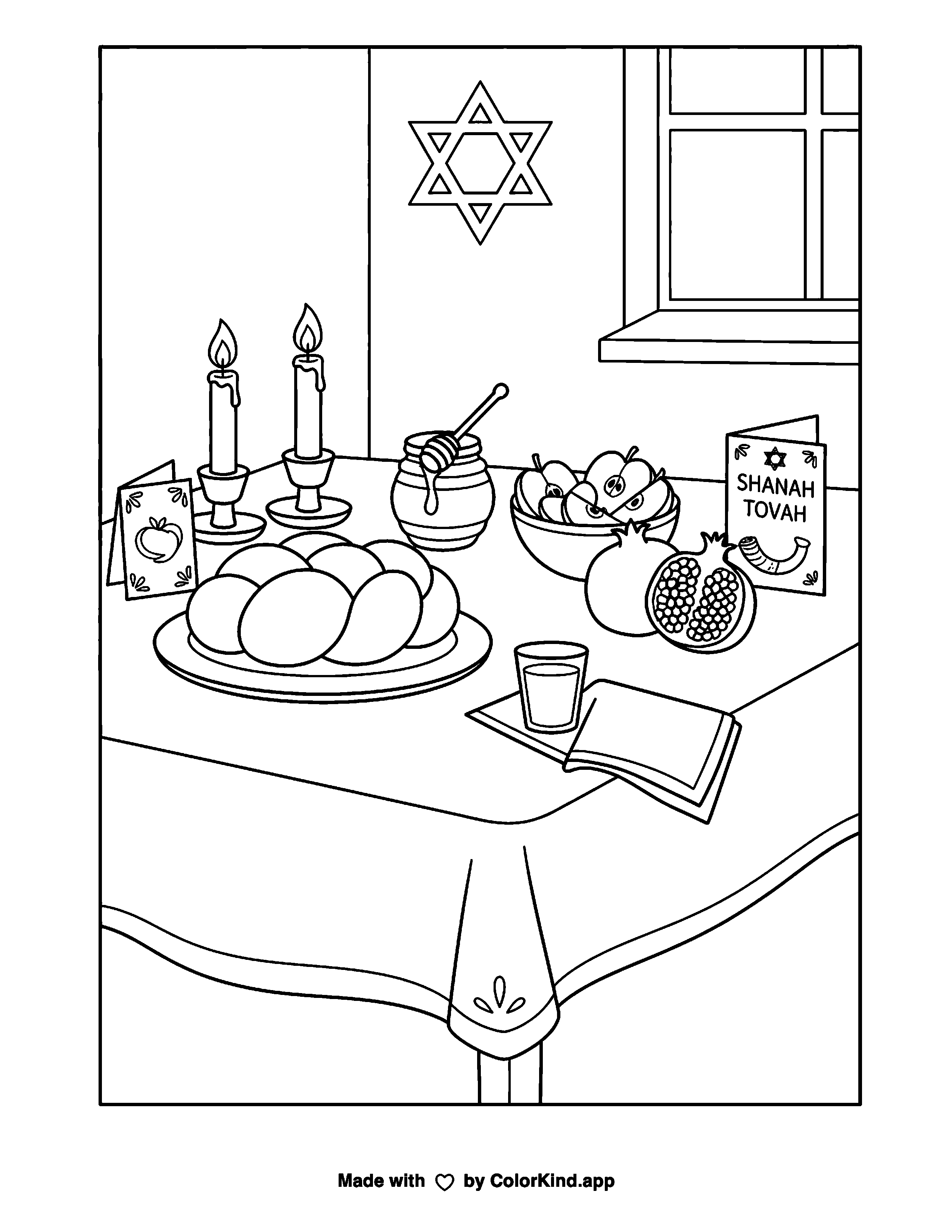Rosh Hashanah Table with Apples and Honey as a free printable coloring page reviewed by ColorKind