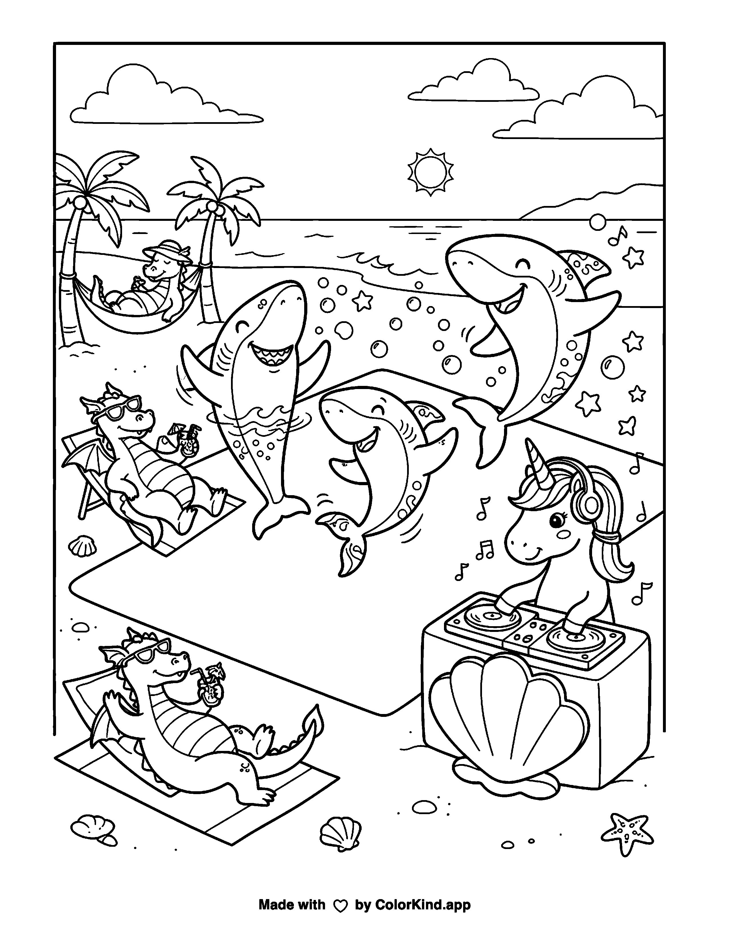 Shark and Dragons Dance Party Coloring Page as a free printable coloring page reviewed by ColorKind