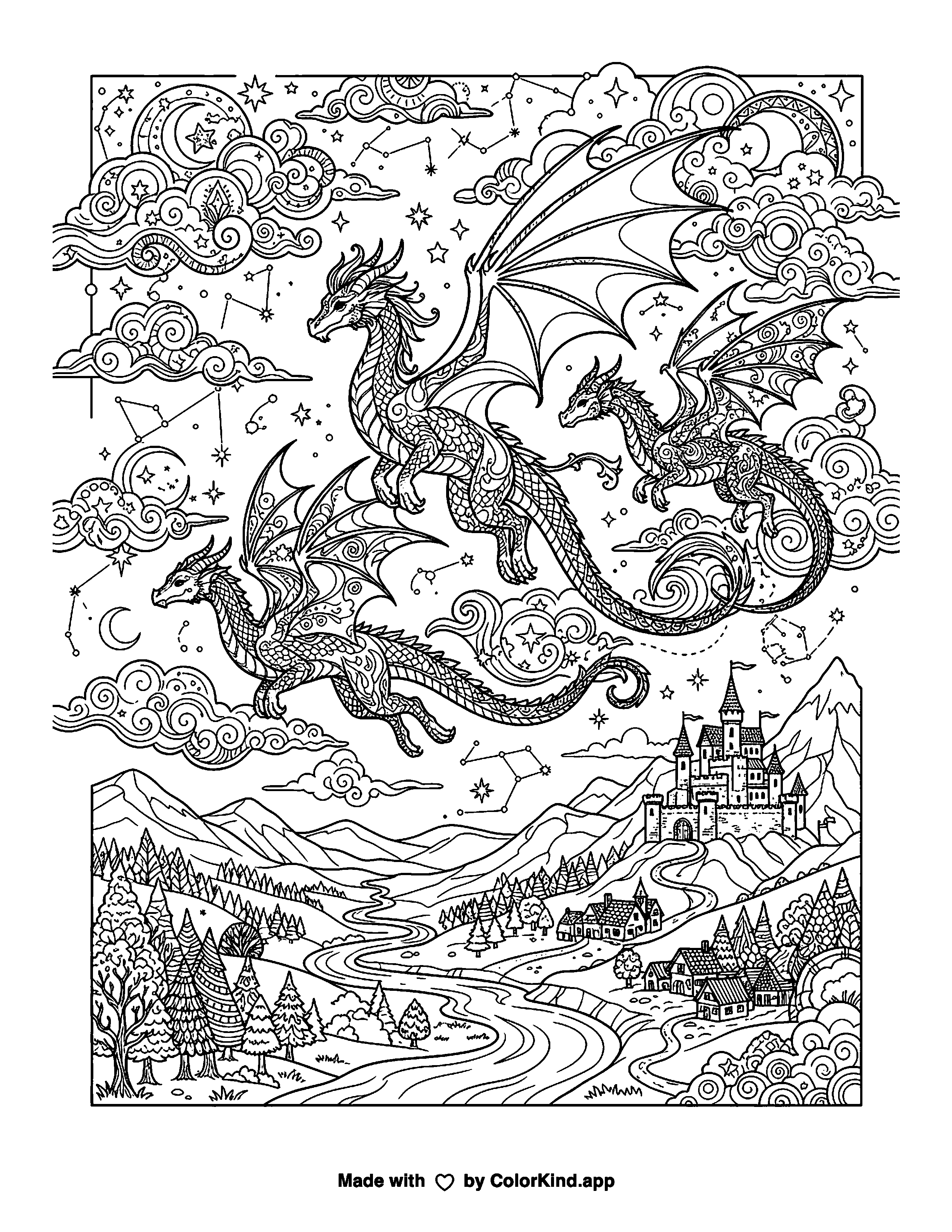 Soaring Friendly Dragons Coloring Page as a free printable coloring page reviewed by ColorKind