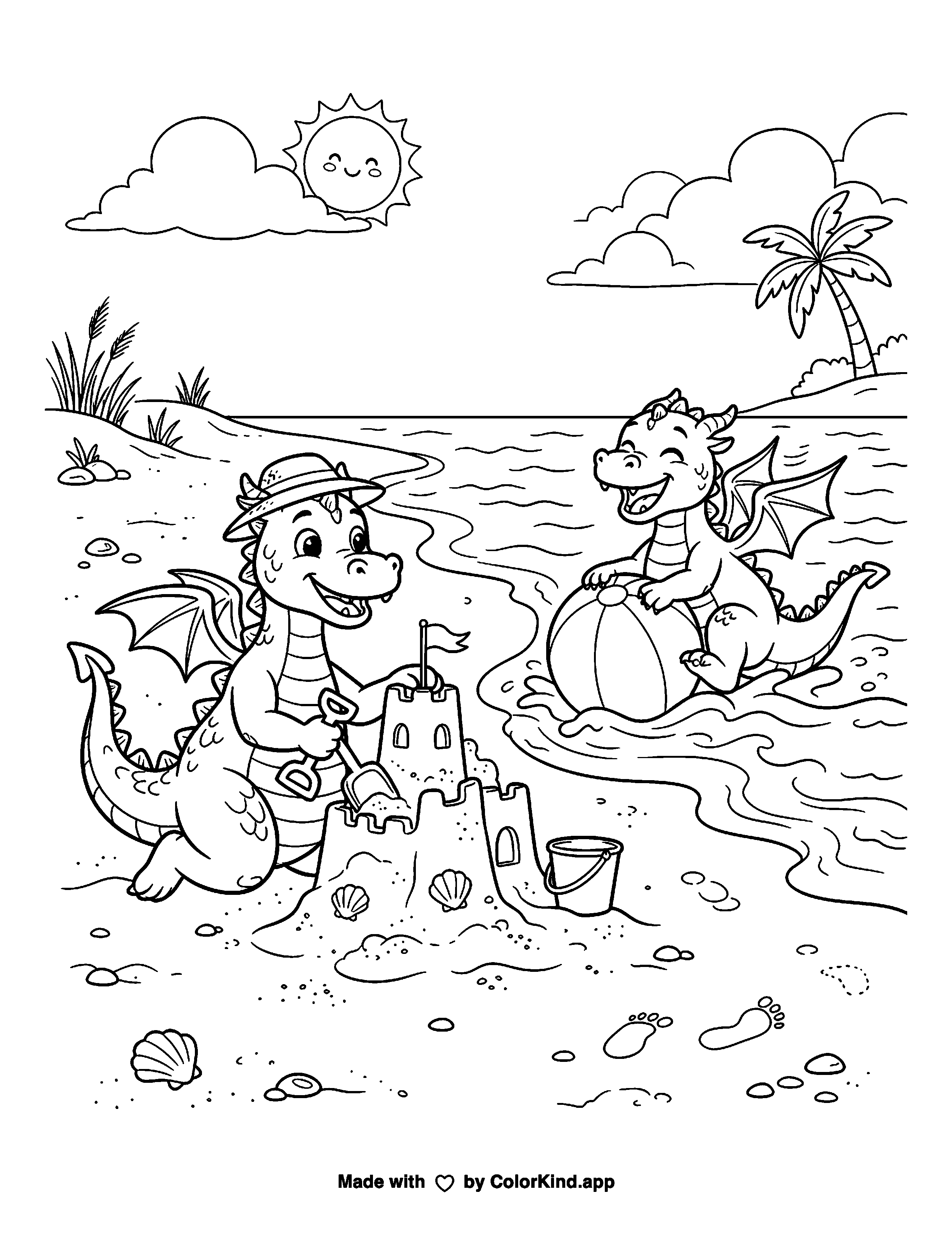 Sunny Beach Dragons Coloring Page as a free printable coloring page reviewed by ColorKind