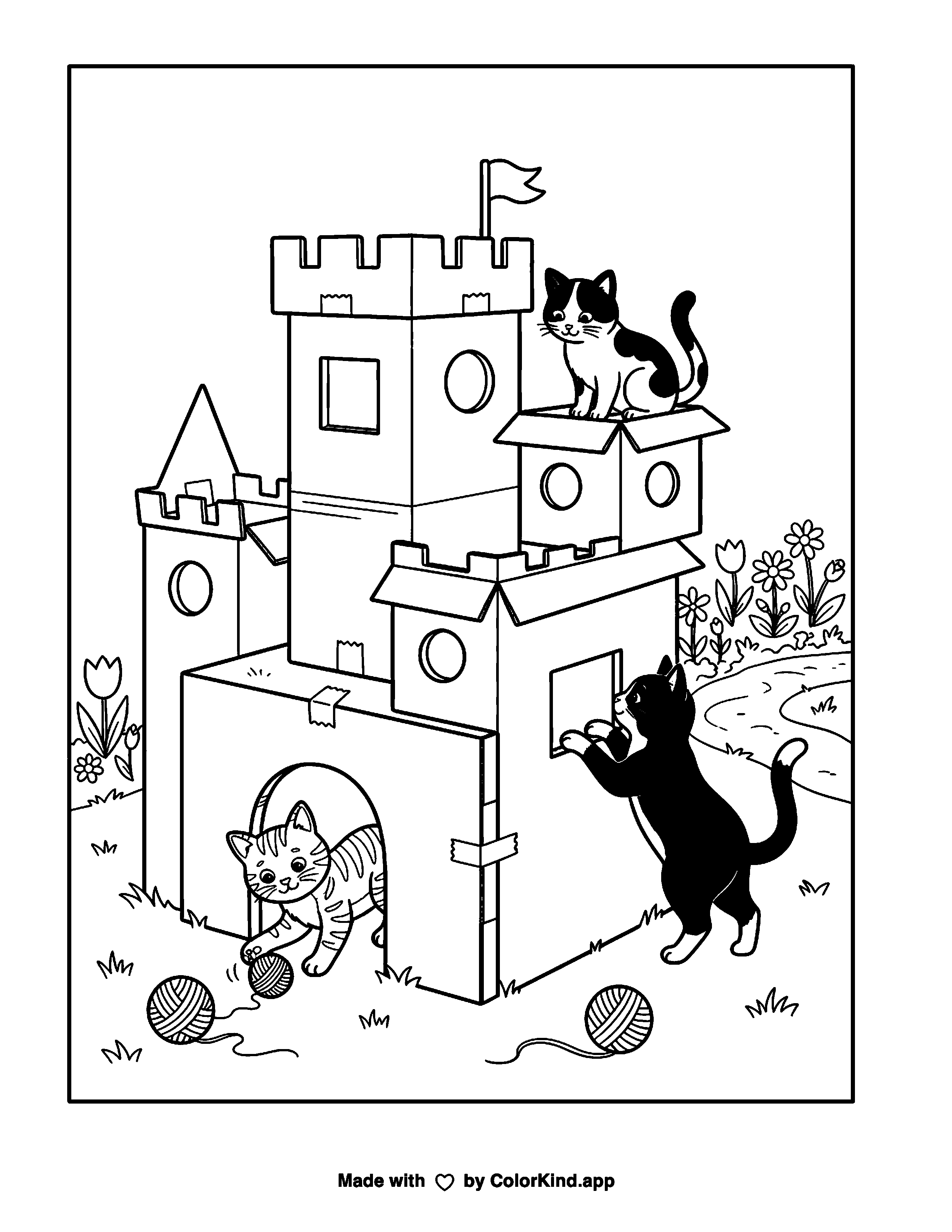 Three Cats in a Cardboard Castle as a free printable coloring page reviewed by ColorKind