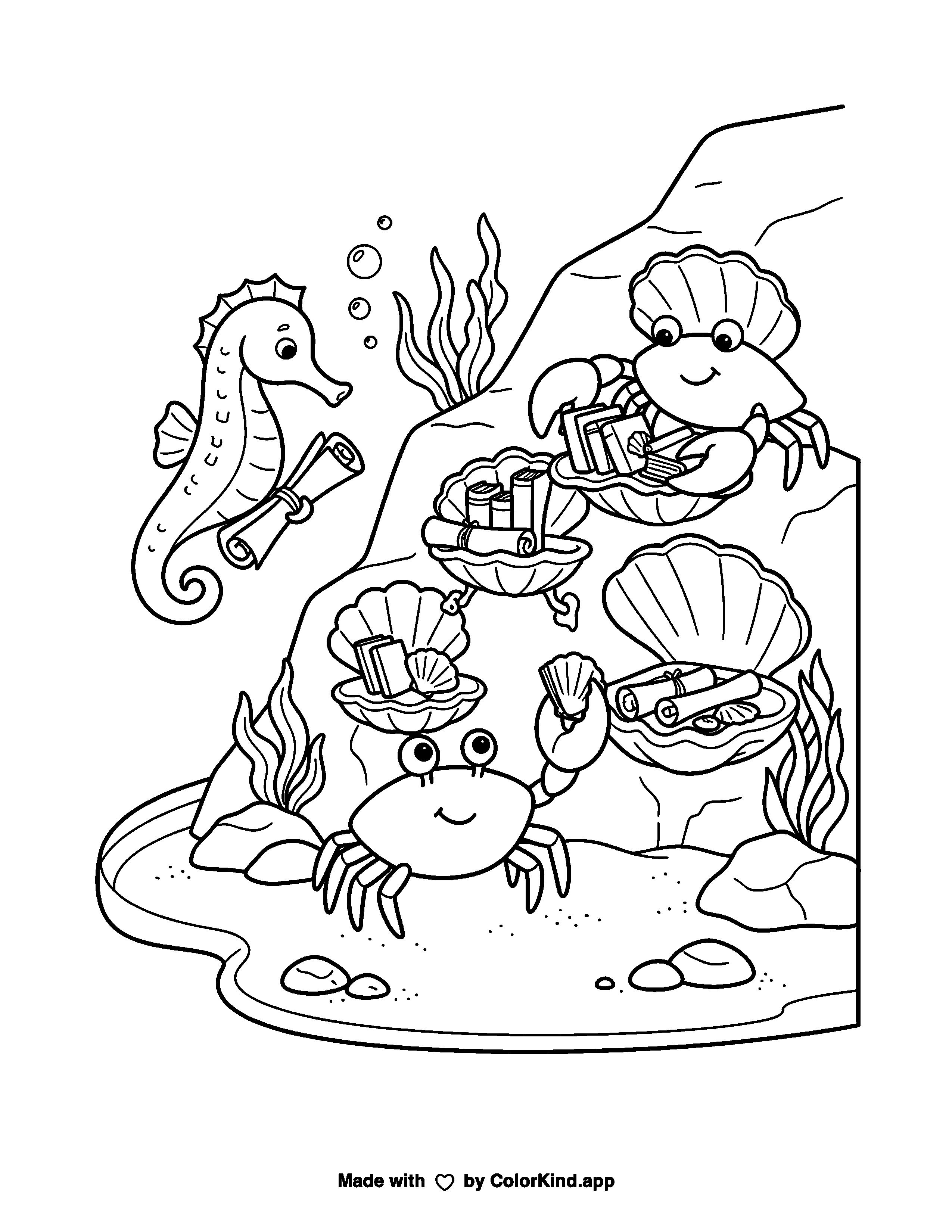 Tidepool Library Adventure as a free printable coloring page reviewed by ColorKind