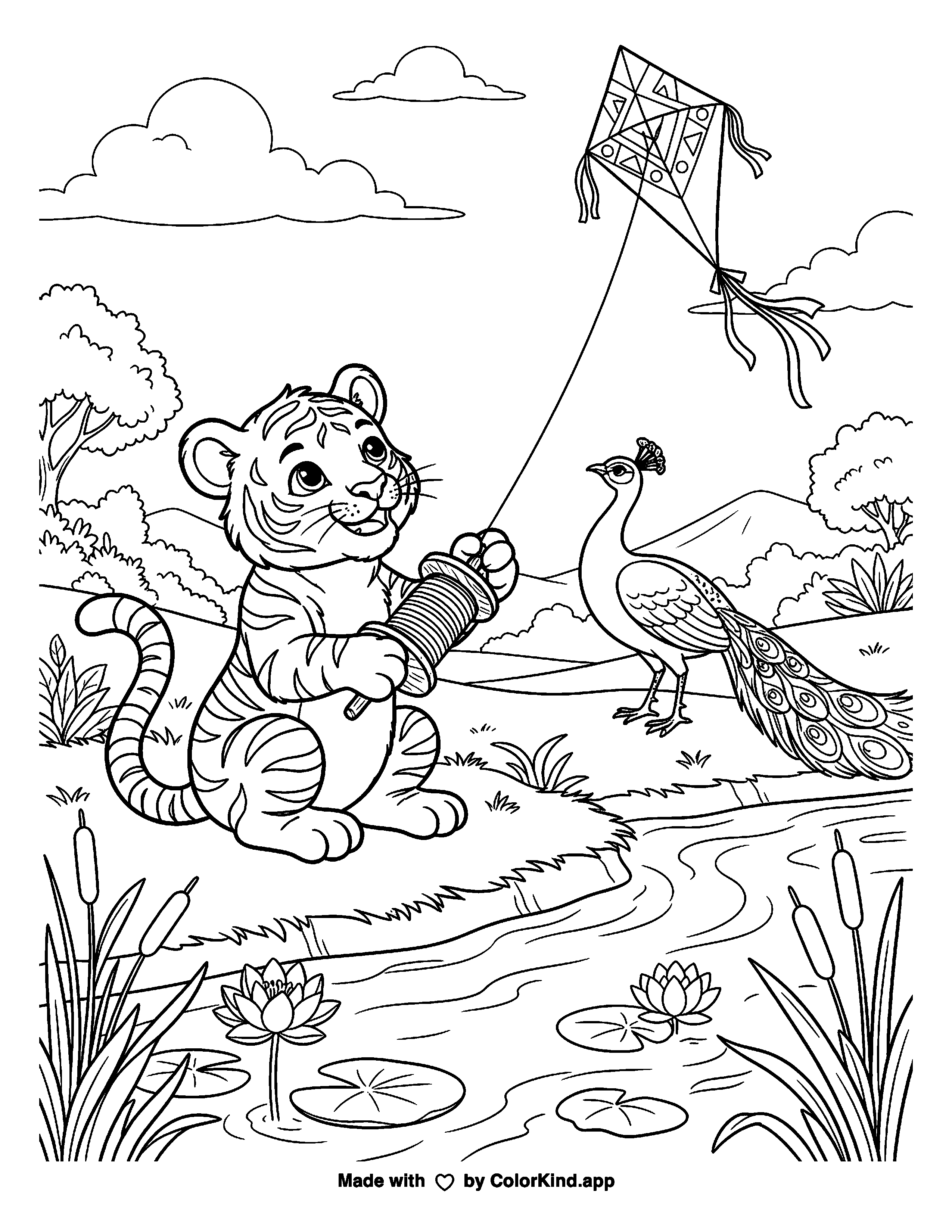 Tiger Cub Flying a Kite by Lotus Flowers as a free printable coloring page reviewed by ColorKind