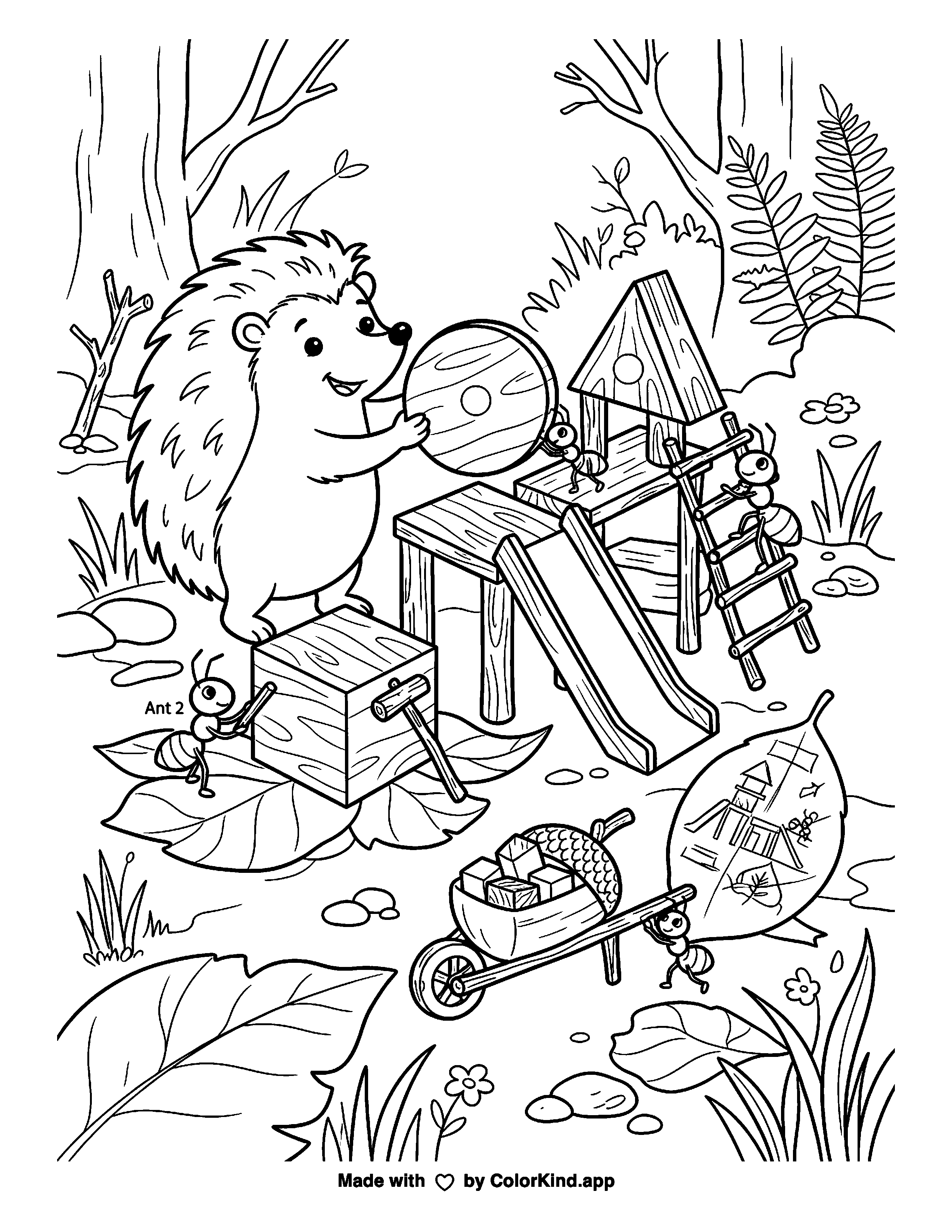 Tiny-World Playground: Hedgehog and Ant Friends as a free printable coloring page reviewed by ColorKind