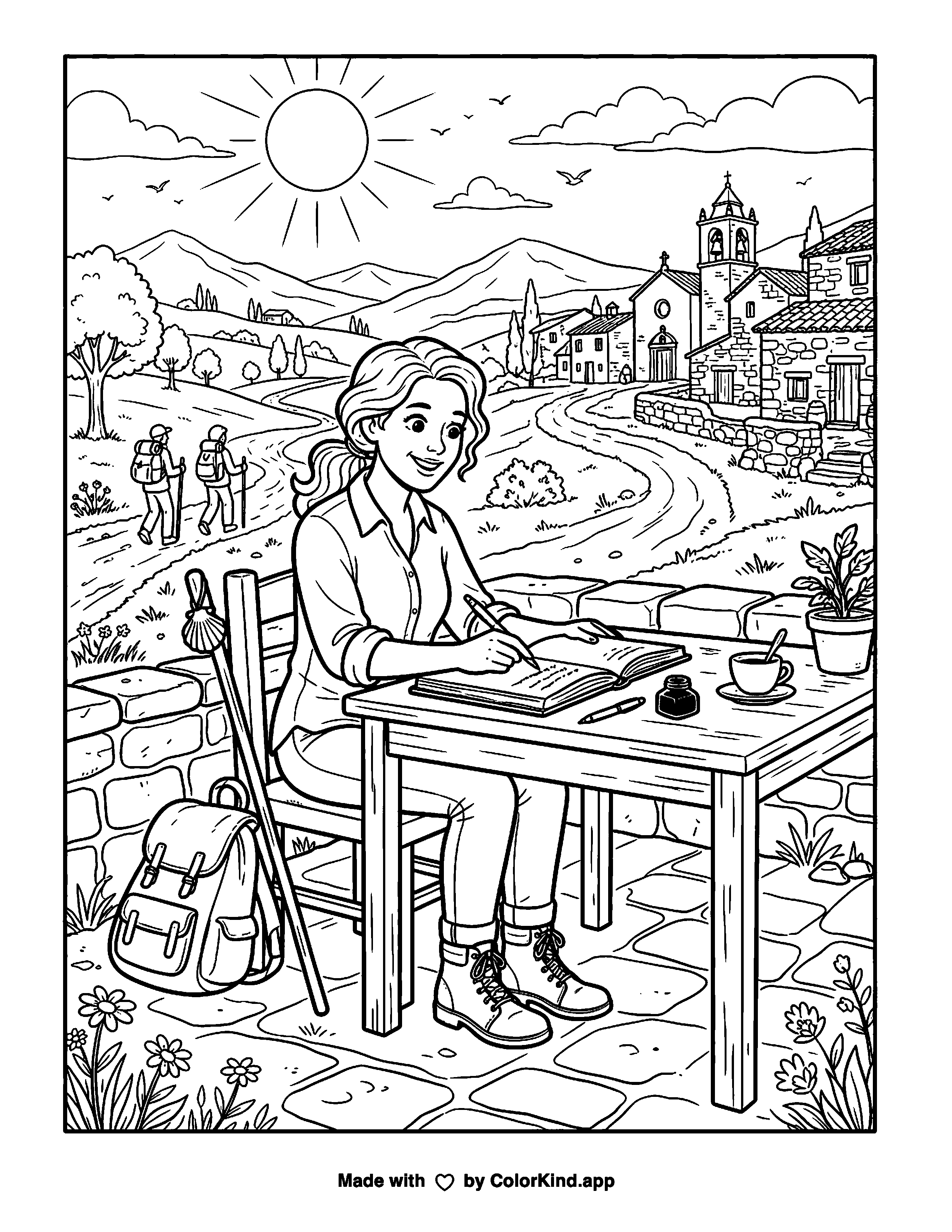 Traveler Writing on a Countryside Trail Coloring Page as a free printable coloring page reviewed by ColorKind