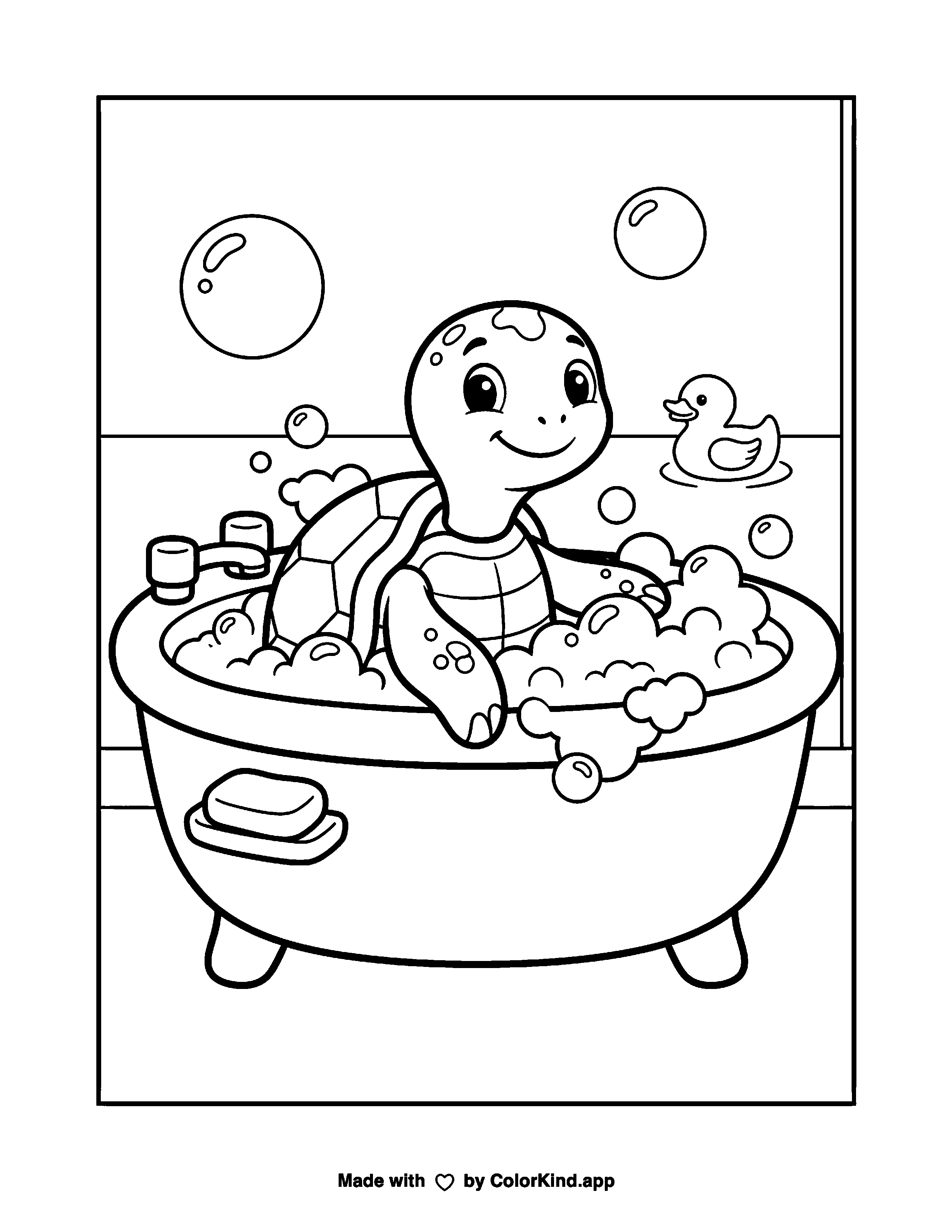 Turtle Bubble Bath Coloring Page as a free printable coloring page reviewed by ColorKind