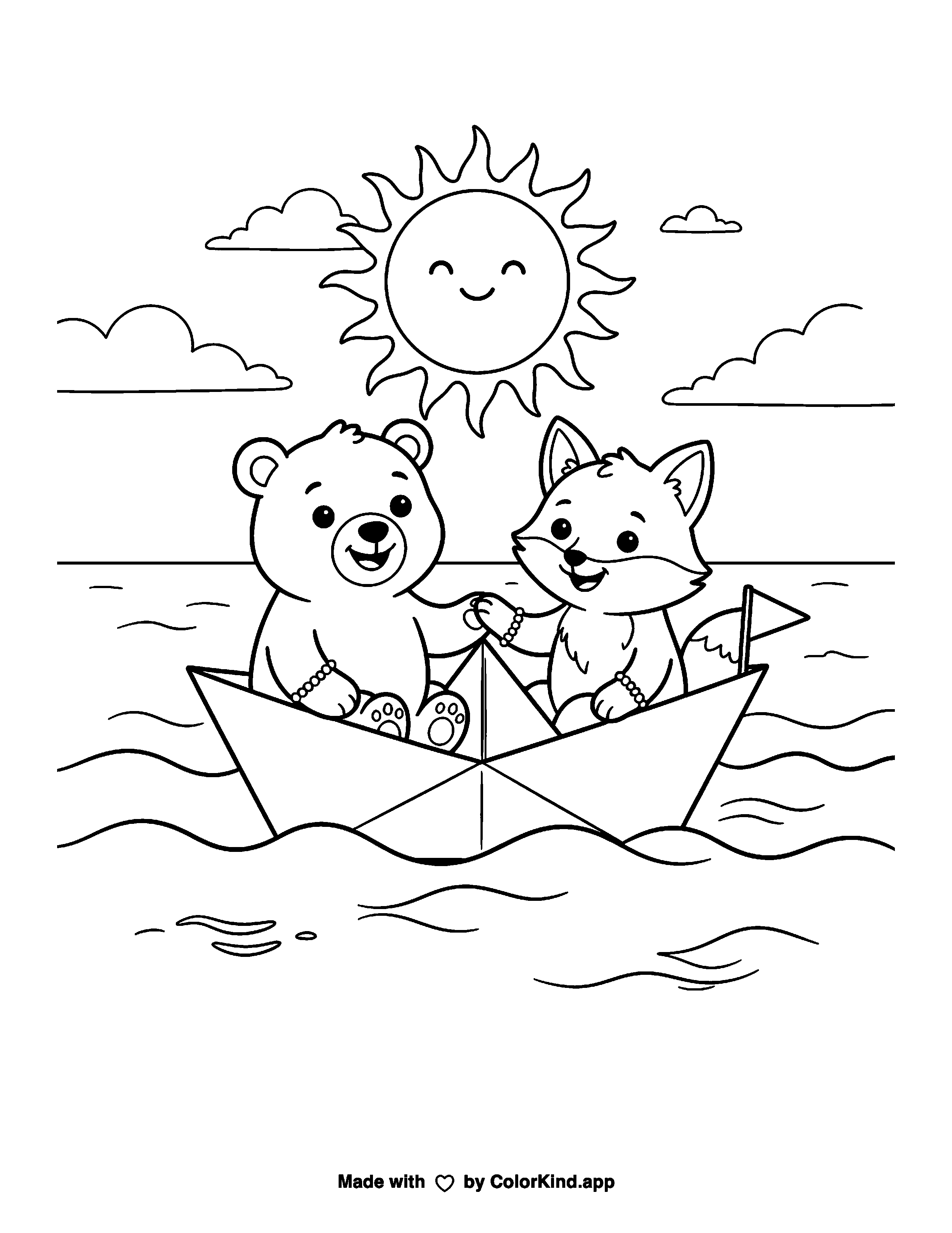 Two animal friends in a paper boat as a free printable coloring page reviewed by ColorKind