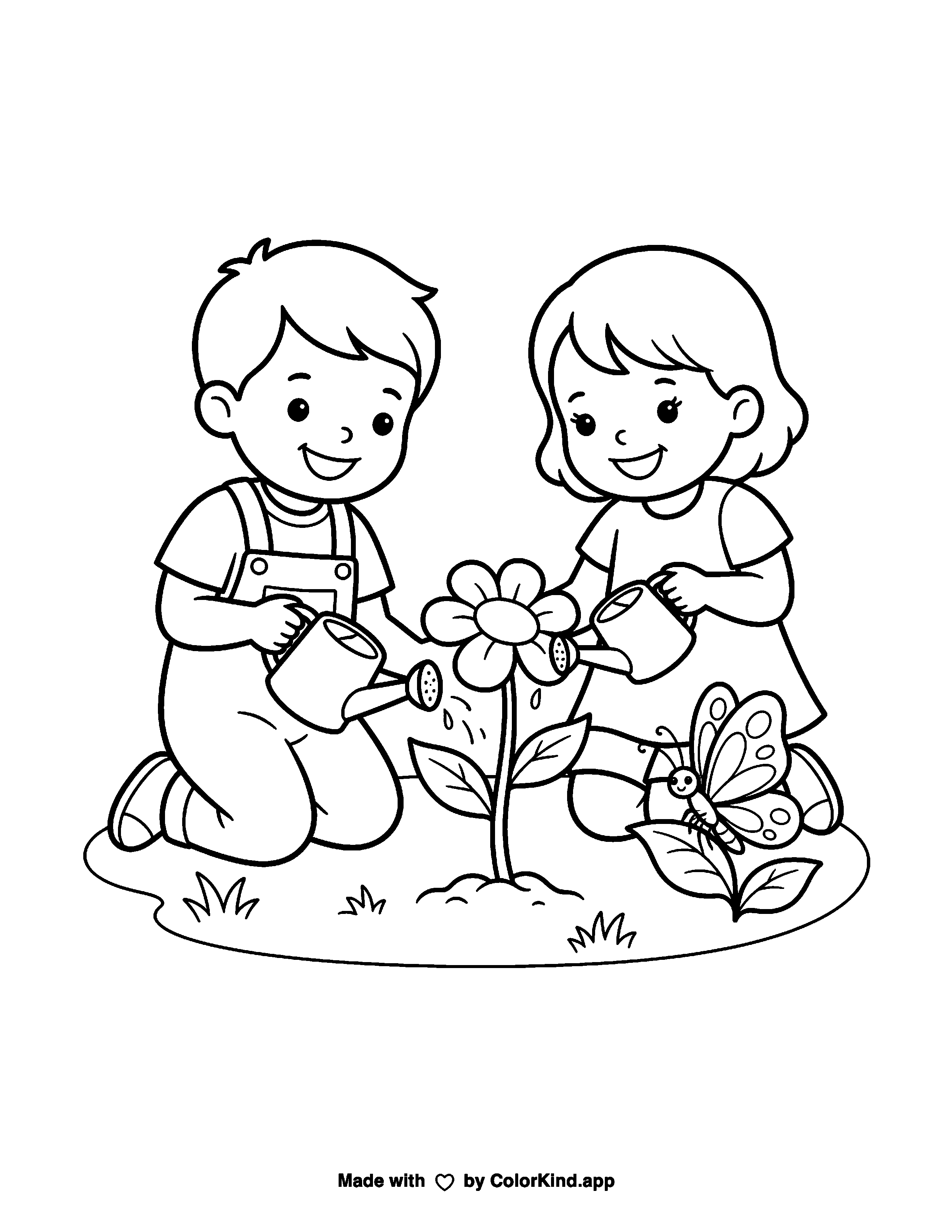 Two Children Watering a Flower with a Butterfly as a free printable coloring page reviewed by ColorKind