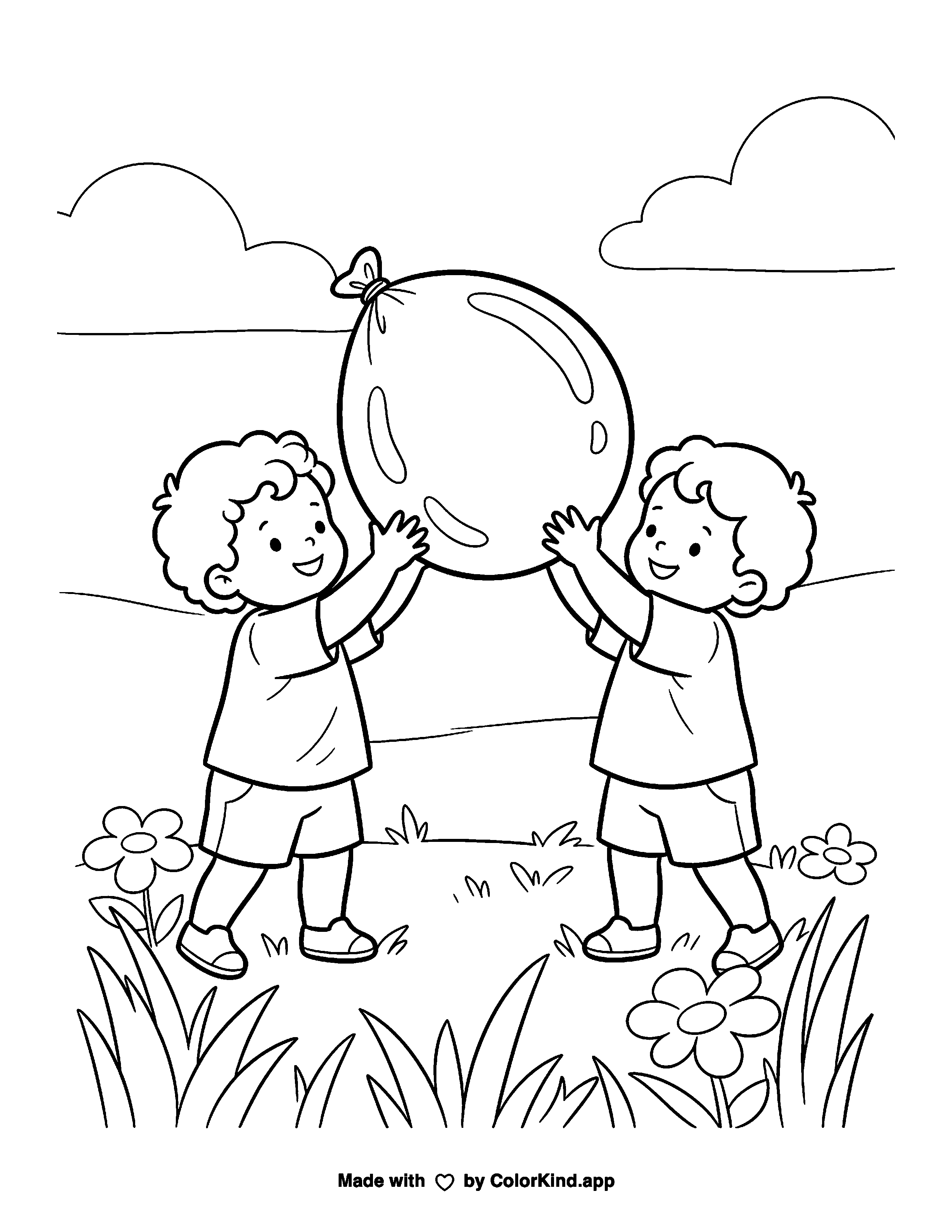 Two Kids Tossing a Giant Water Balloon as a free printable coloring page reviewed by ColorKind